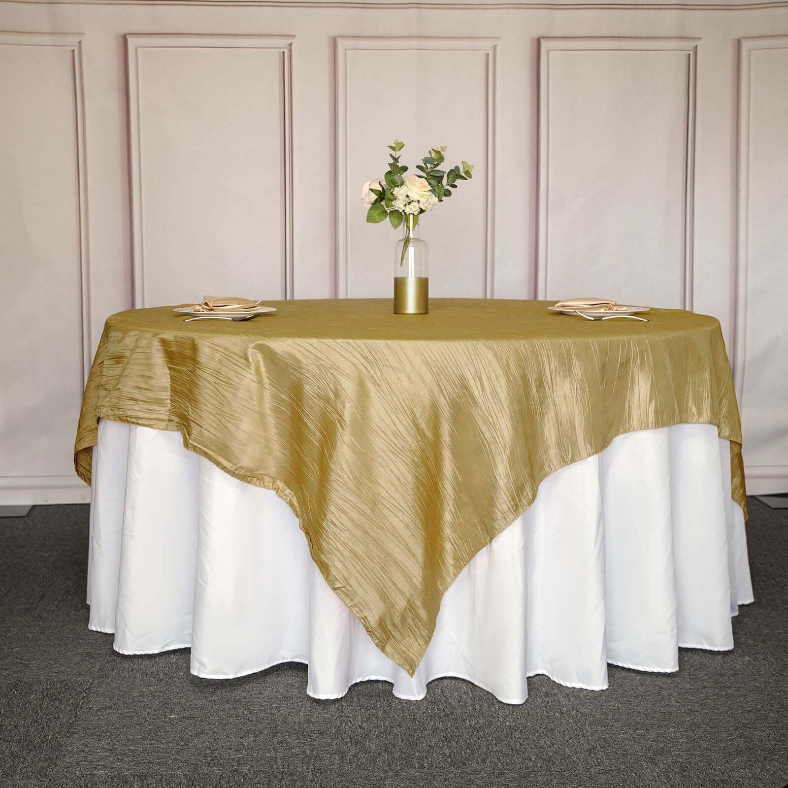 Taffeta 90"x90" Table Overlay Square Tablecloth Gold - Accordion Crinkle Design for Modern Celebrations