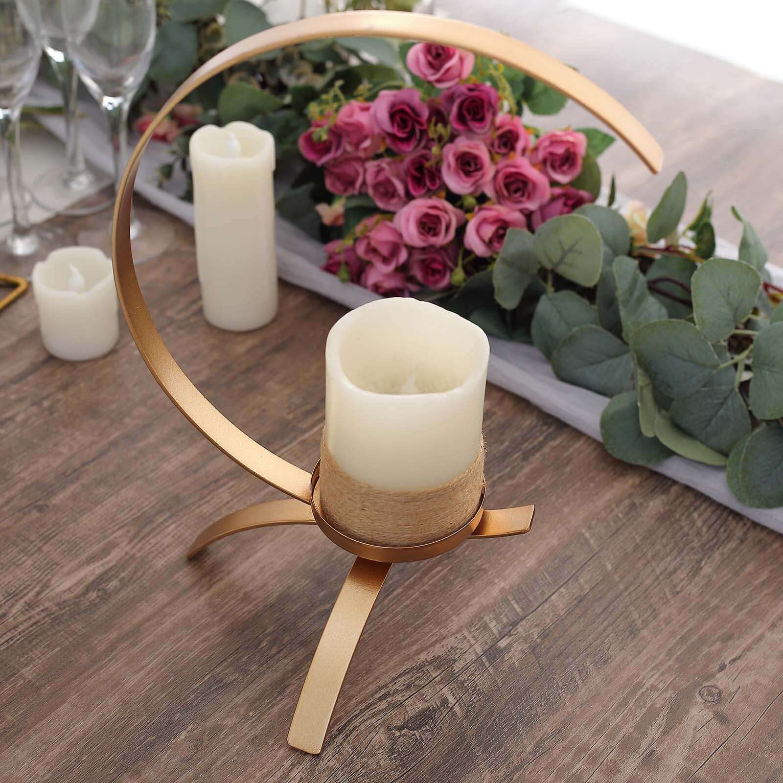 Moon Shaped Tealight Hurricane Candle Holder Gold Metal - Decorative Centerpiece Design 13"