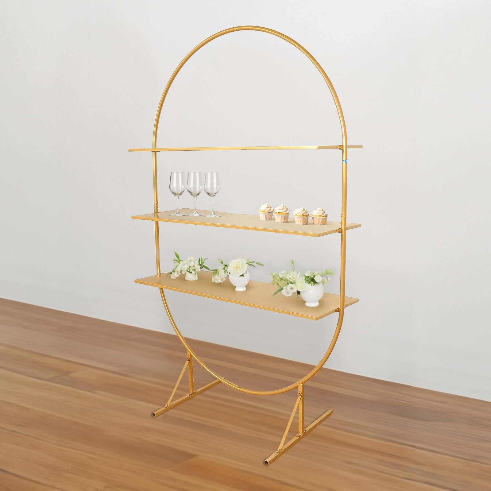 3-Tier Metal Oval Cupcake Dessert Stand Gold - Large Versatile Floor Standing Arch Cake Display Shelf Rack for Luxurious Event and Party Settings 6.5ft