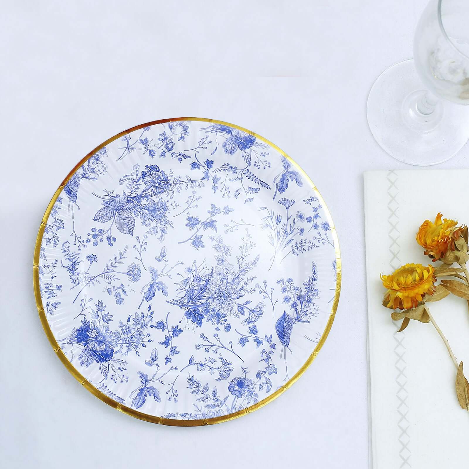 25-Pack Paper 7" Round Dessert Plates in White with Light Blue French Toile Pattern & Gold Rim - Disposable Salad Appetizer Plates for Luncheons & Garden Themes