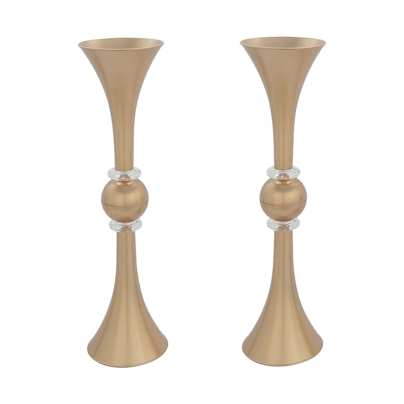 2-Pack Flower Vases Trumpet Design with Crystal Embellishments Gold - Reversible Plastic Table Centerpieces 21"