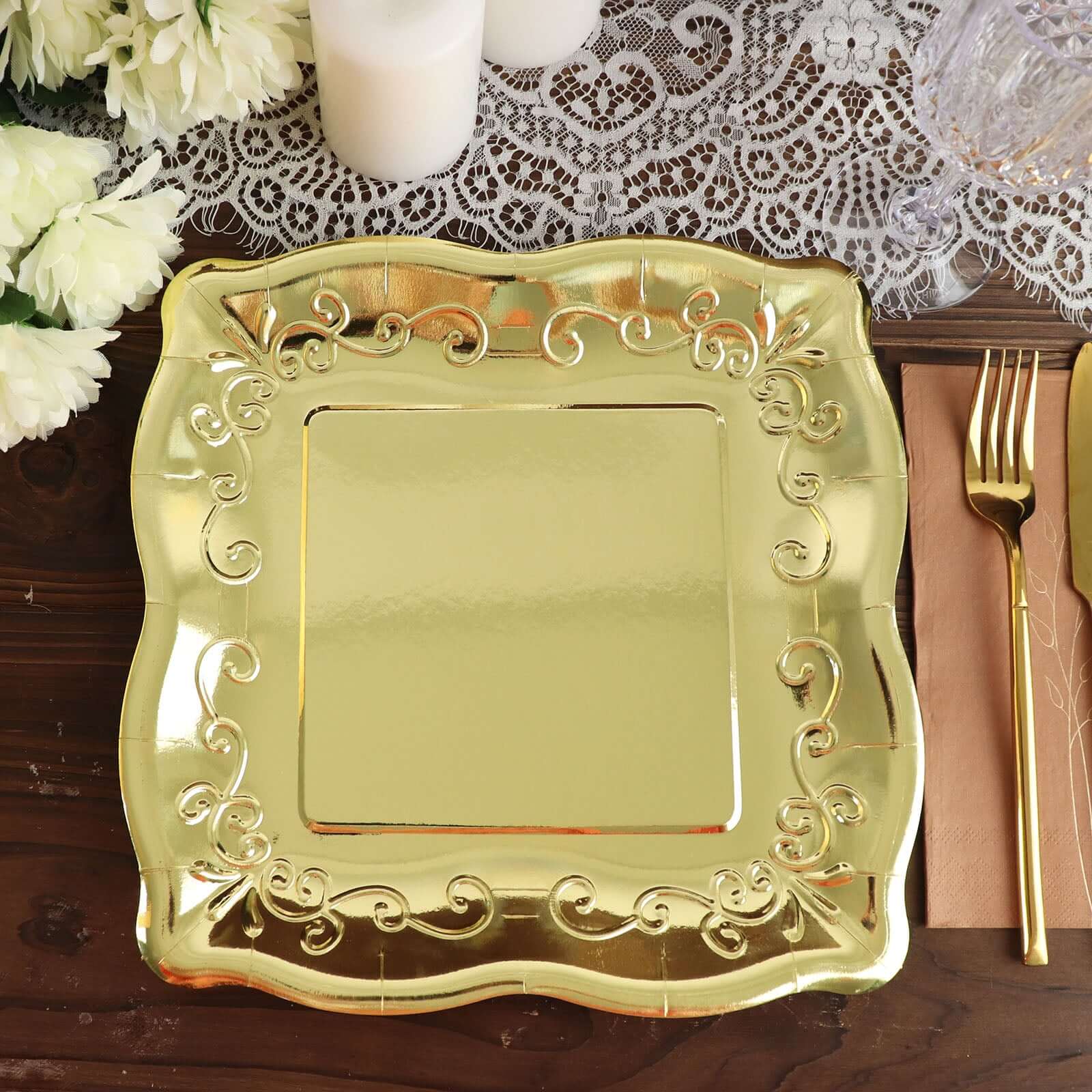 25-Pack Paper 11" Square Dinner Plates in Gold with Vintage Pottery Embossed Design - Shiny Metallic Disposable Serving Plates for Glamorous Dinners & Events