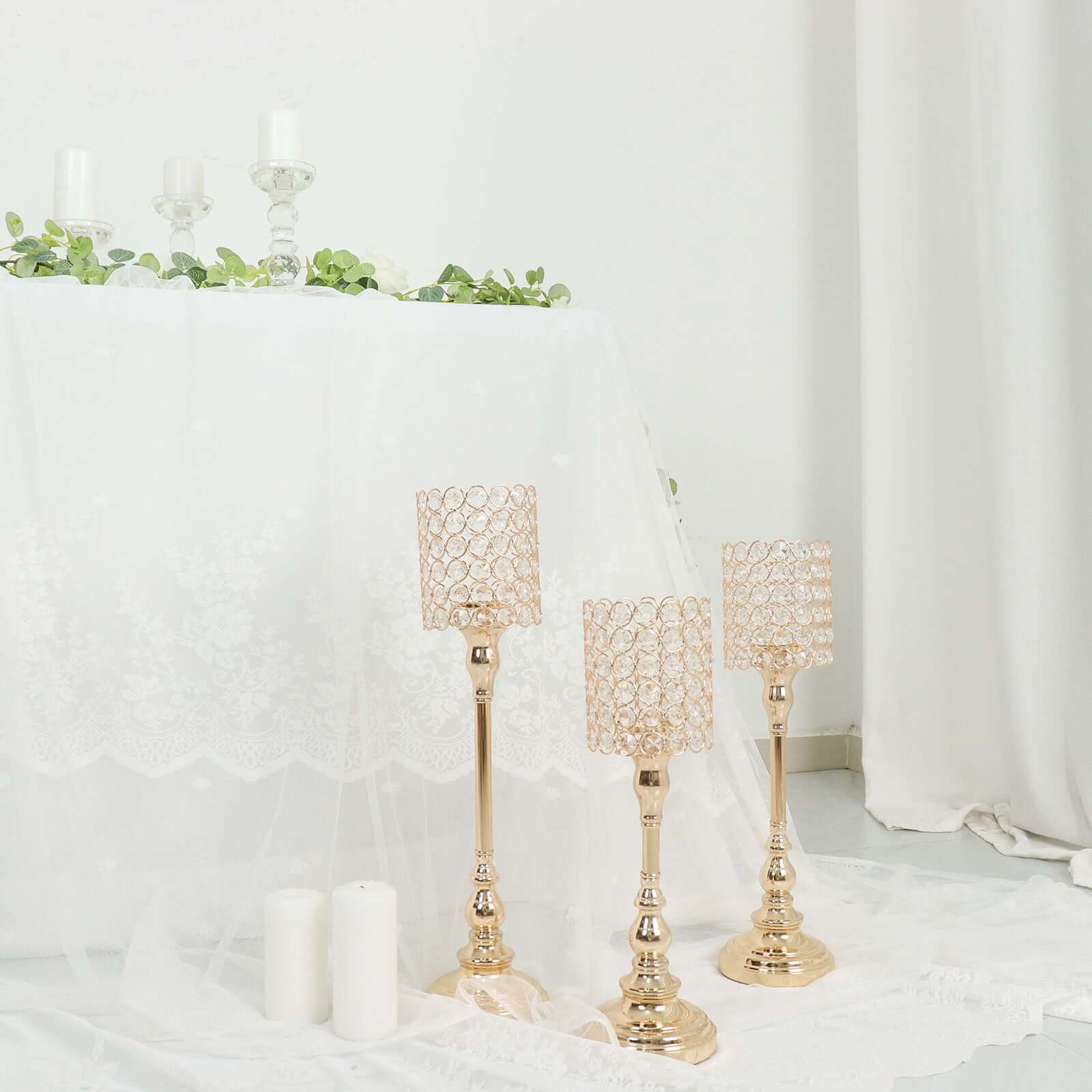Set of 3 Crystal Beaded Goblet Votive Candle Holder Stands Gold - Tea Light Centerpiece 18", 16", 14"