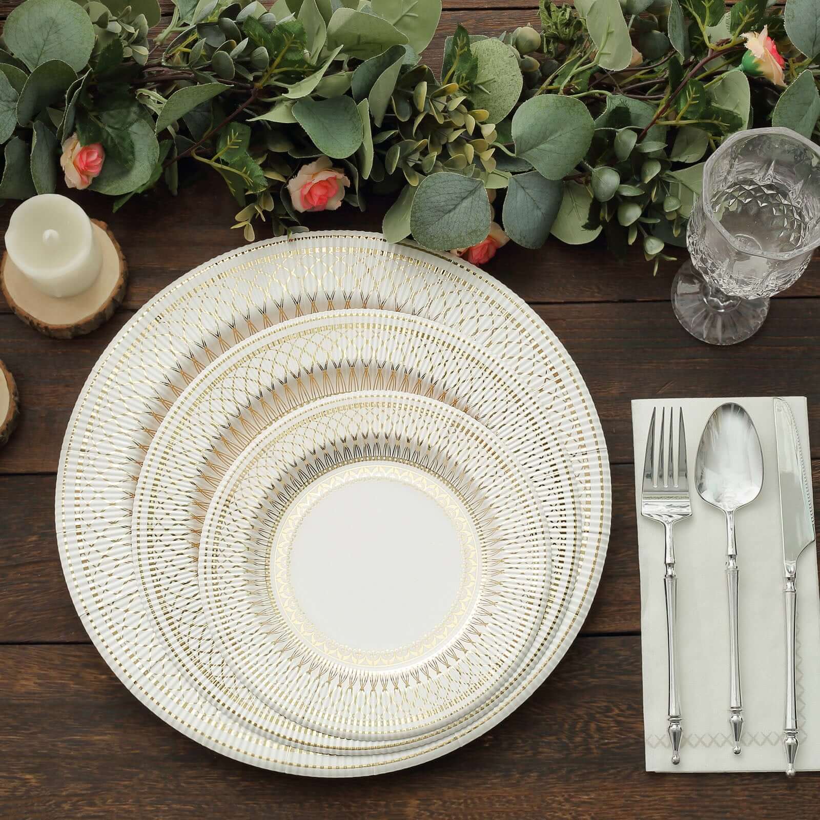 25-Pack Paper 10" Round Dinner Plates in White with Gold Vintage Porcelain Style Rim - Disposable 300GSM Party Plates