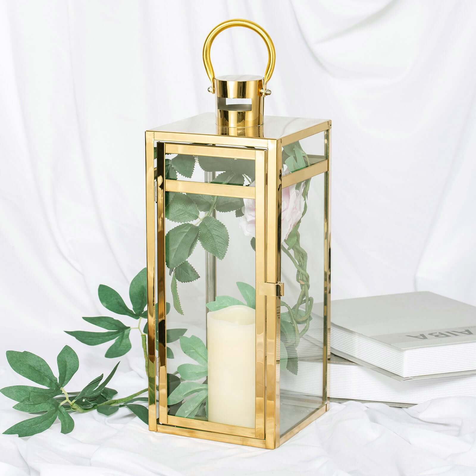 Stainless Steel Candle Lantern Vintage Top Design Gold - Outdoor Metal Patio Lantern Centerpiece 17"