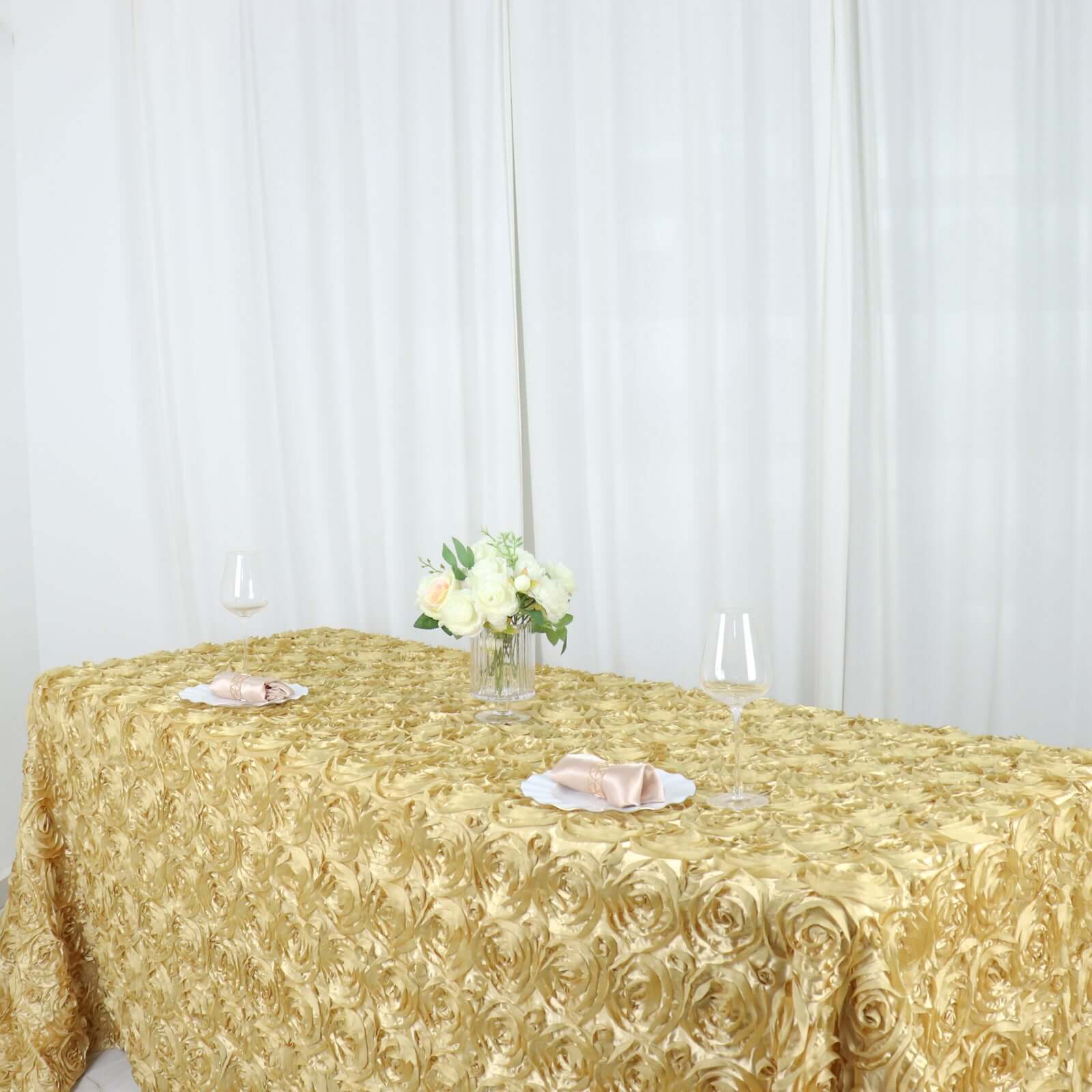 Satin 90"x132" Rectangle Tablecloth Champagne - Grandiose 3D Rosette Seamless Table Cover