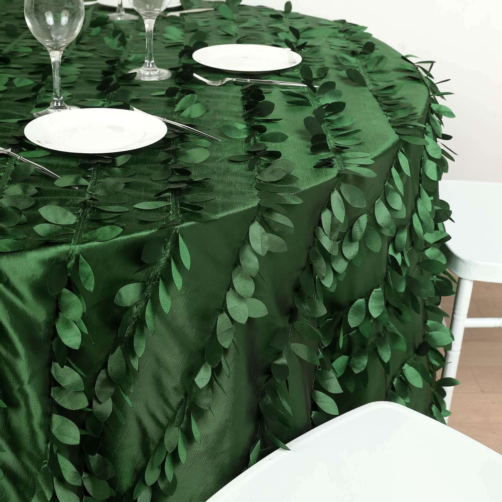 Taffeta 132" Round Tablecloth Green Leaf | 3D Leaf Petal Design Seamless Table Cover