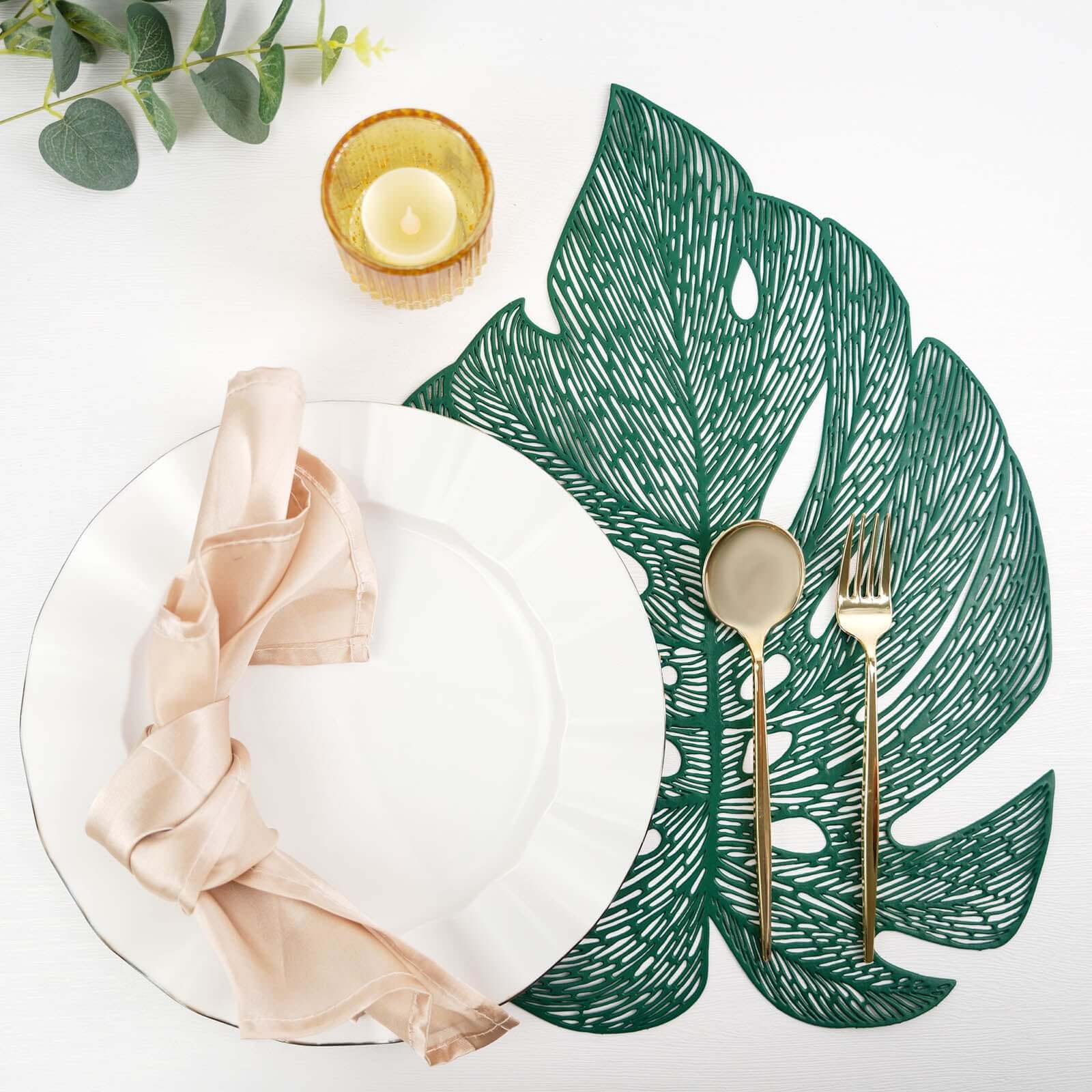 6-Pack Dining Table Mats Monstera Leaf Design Green - Vinyl Non-Slip Surface for Tropical Themes 18"