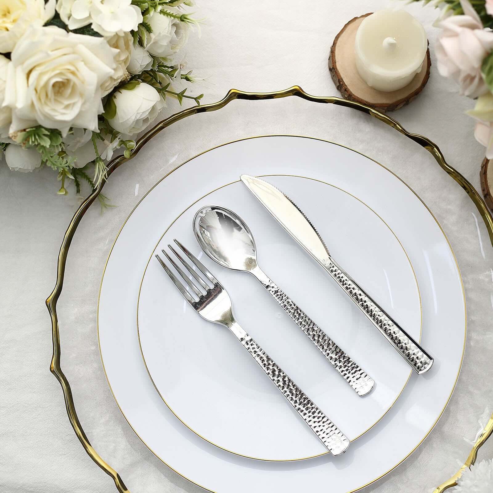 24-Pack Plastic Silverware Set with Hammered Design Silver - Heavy Duty Disposable Utensils 7"