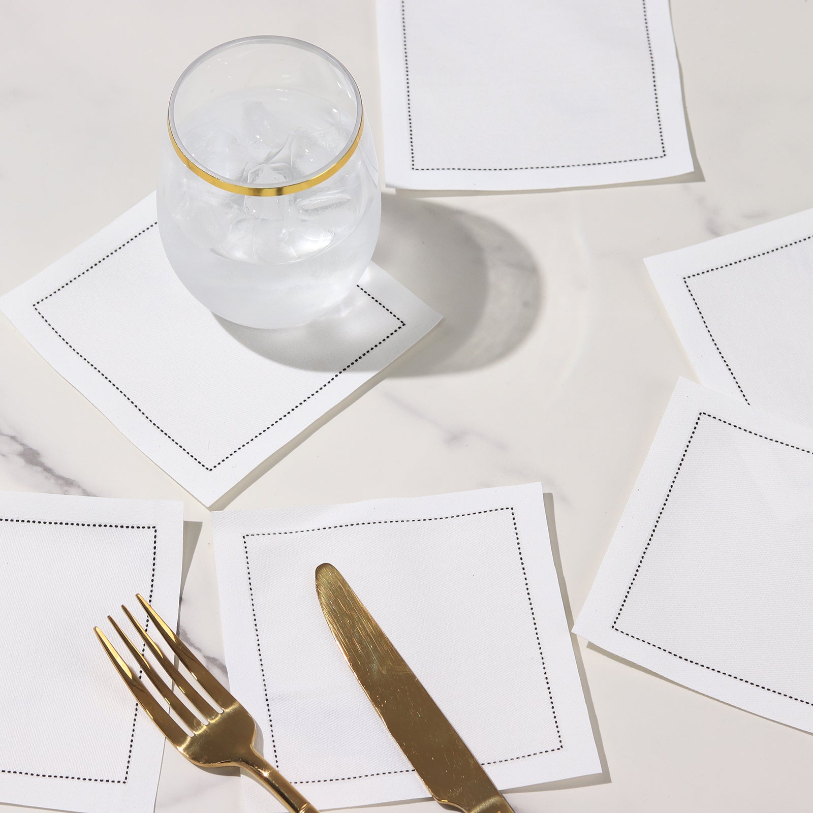 50-Pack Cotton Cocktail Napkins with Black Hemstitched Border White - Disposable 4.5"x4.5" Napkins for Events