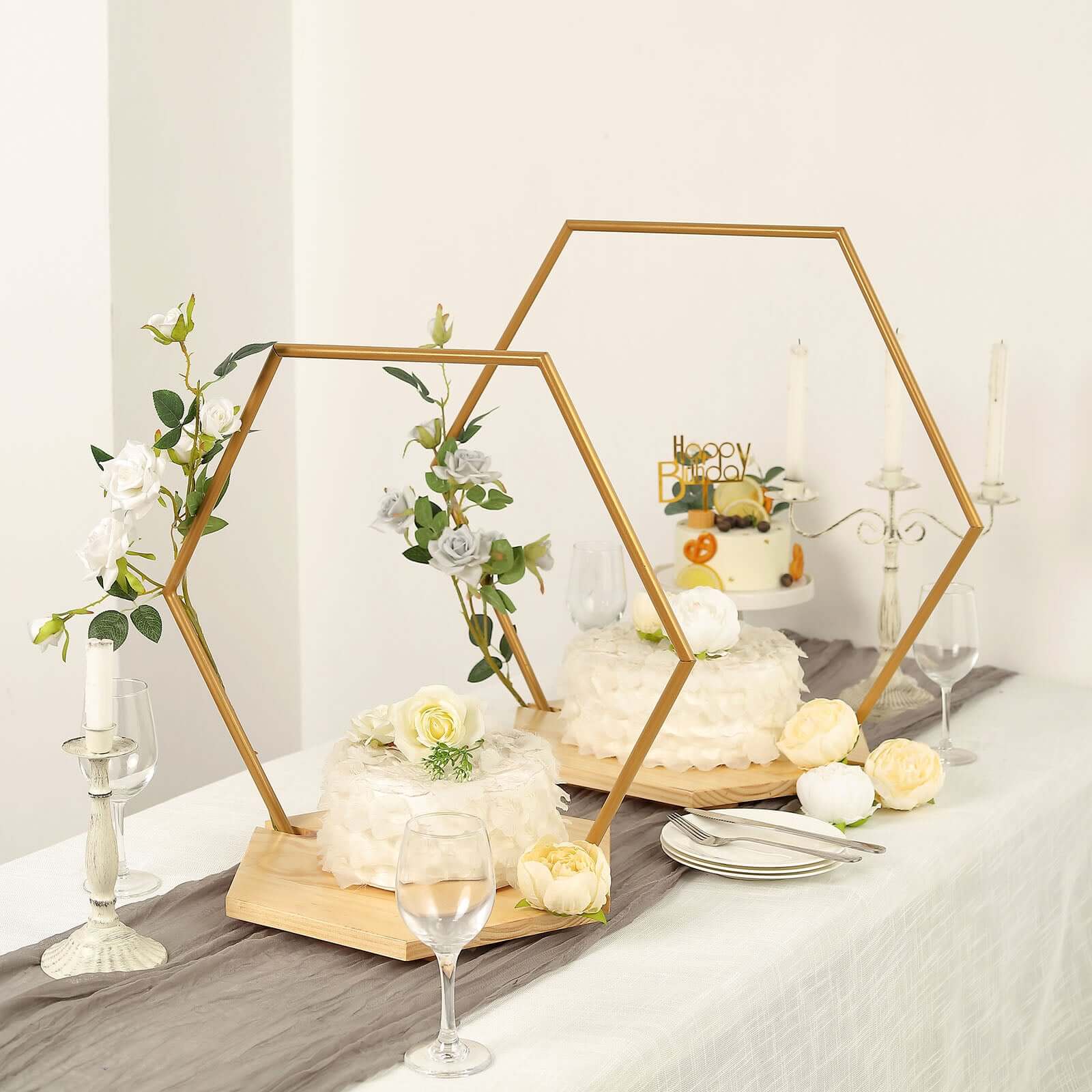 Metal Hexagon Floral Hoop Cake Stand Gold - Chic Geometric Dessert Display DIY Centerpiece Table Decoration With Wooden Base 28"