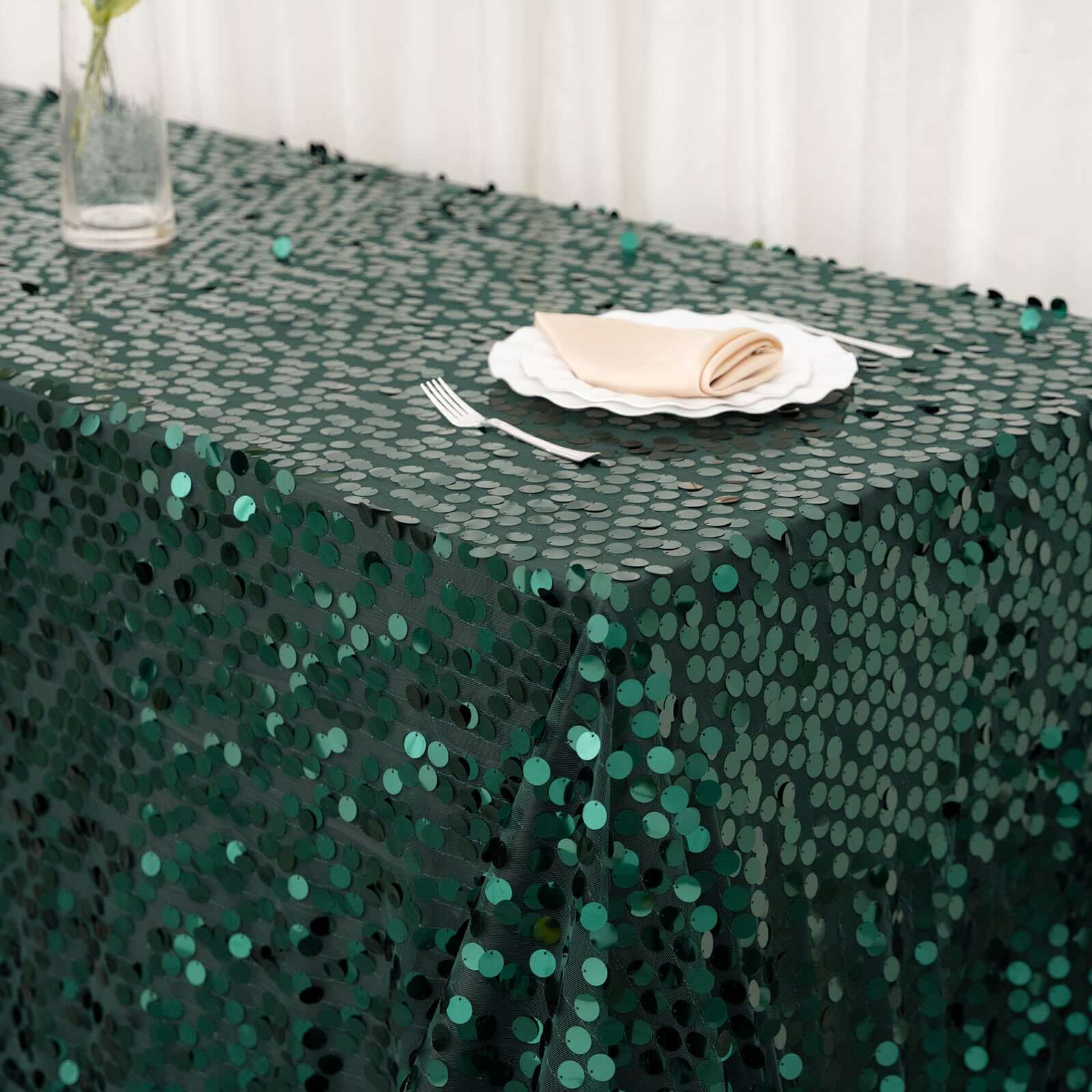 Sequin 90"x156" Rectangle Tablecloth Hunter Emerald Green - Seamless Big Payette Table Cover