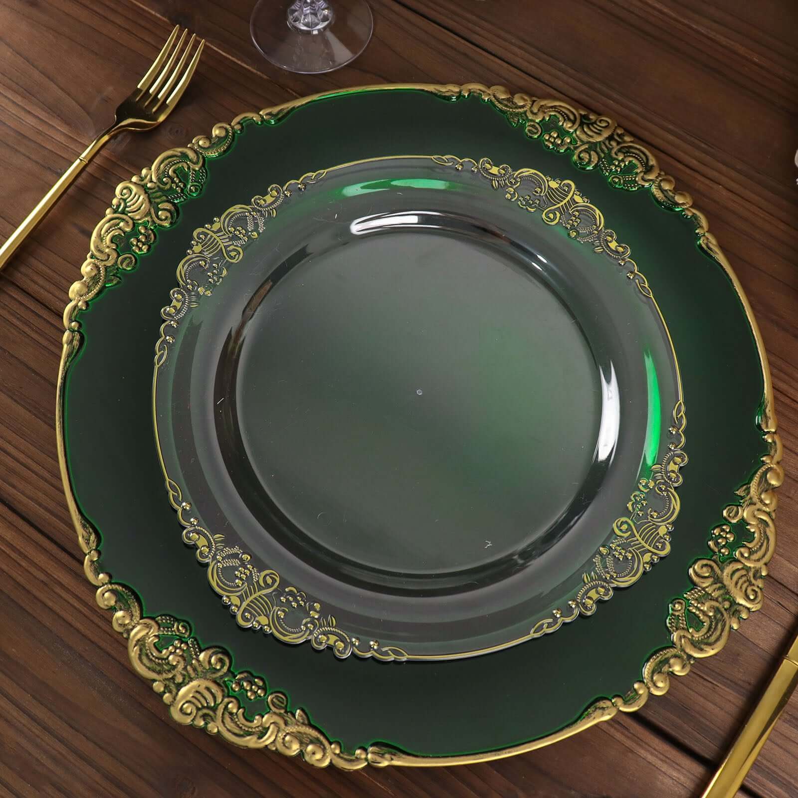 6-Pack Acrylic Round Charger Plates 13" in Hunter Emerald Green with Gold Embossed Baroque Rim, Antique Decorative Dinner Party Charger Tableware