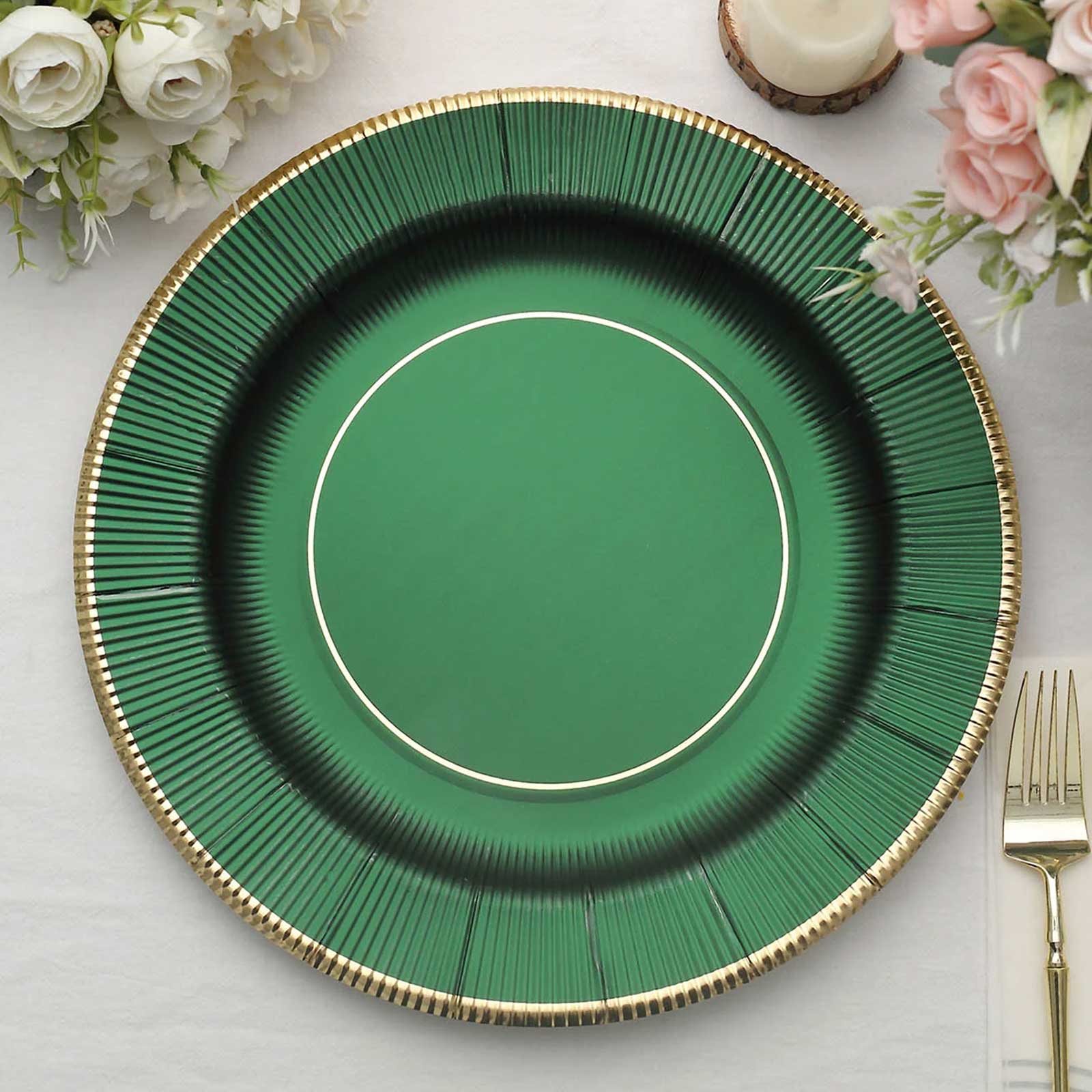 25-Pack Disposable Round Charger Plates in Hunter Emerald Green Sunray Design with Gold Rim - 350GSM Heavy Duty Paper Chargers 13"