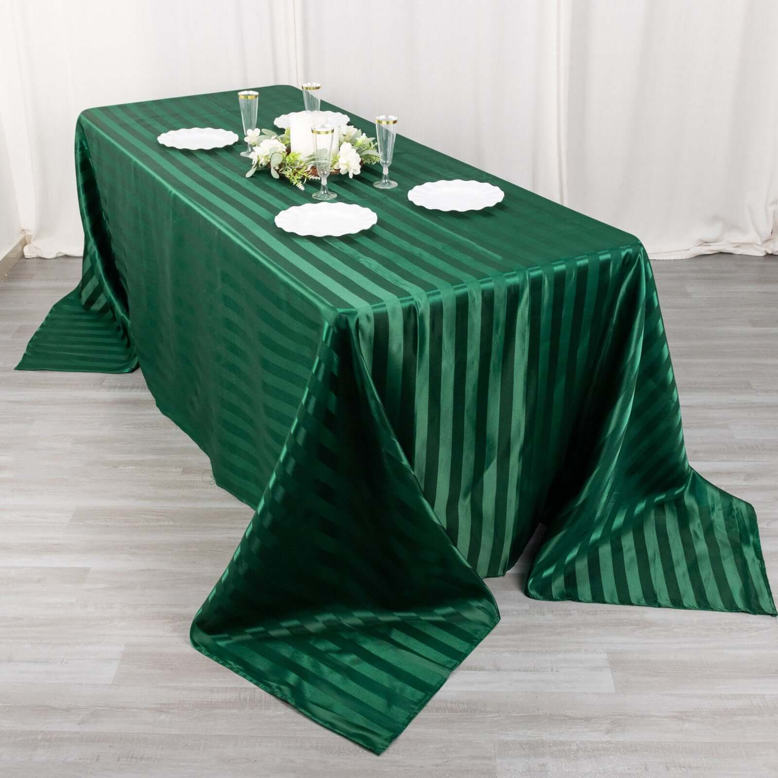 Satin Striped 90"x132" Rectangular Tablecloth Hunter Emerald Green Satin Stripe - Seamless Silky Smooth Table Cover