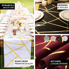 Polyester 9ft Table Runner Hunter Emerald Green with Gold Foil Modern Geometric Accent