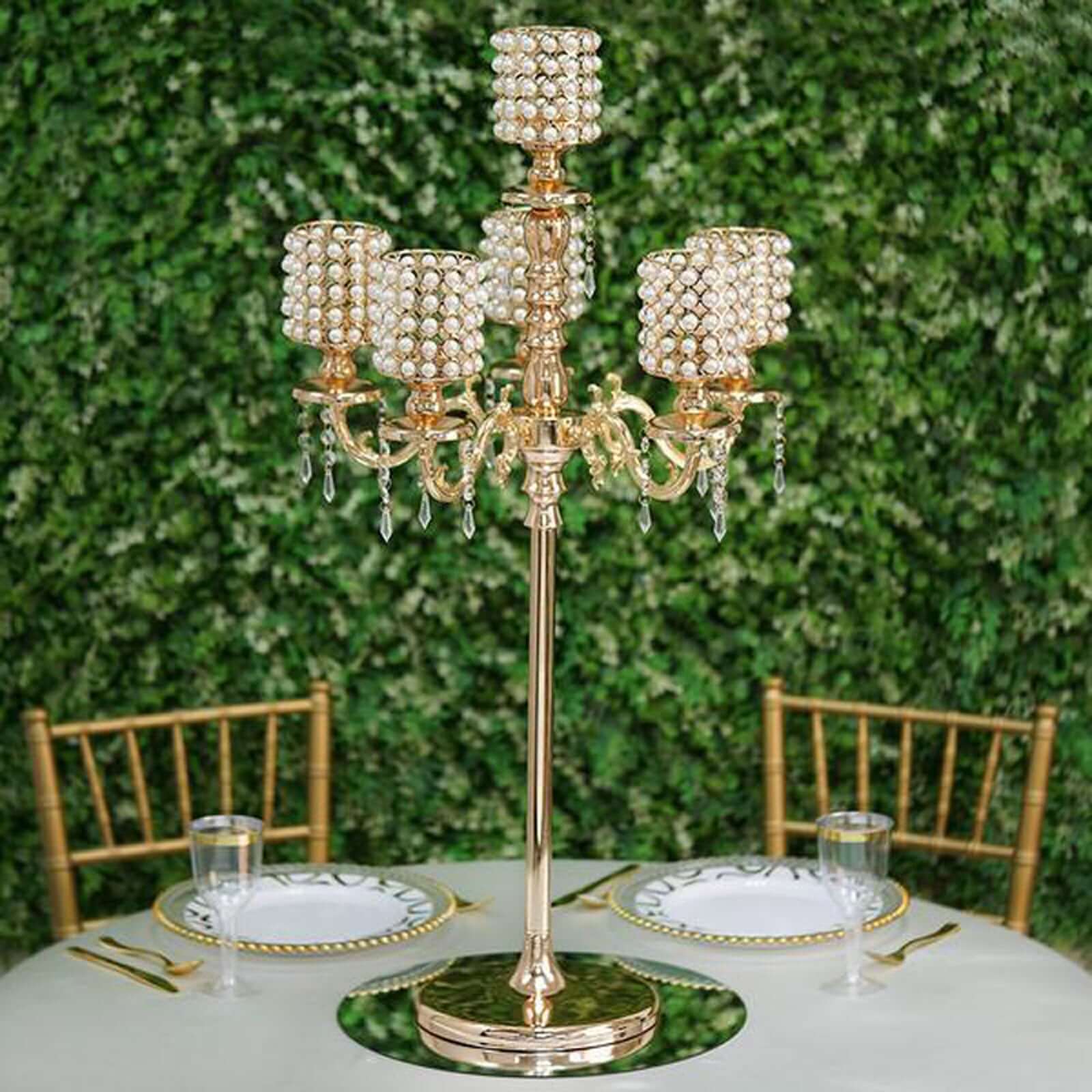 Metal Pearl Beaded Candelabra in Gold 6-Arm - Stylish Table Centerpiece with Crystal Chandelier Pendants