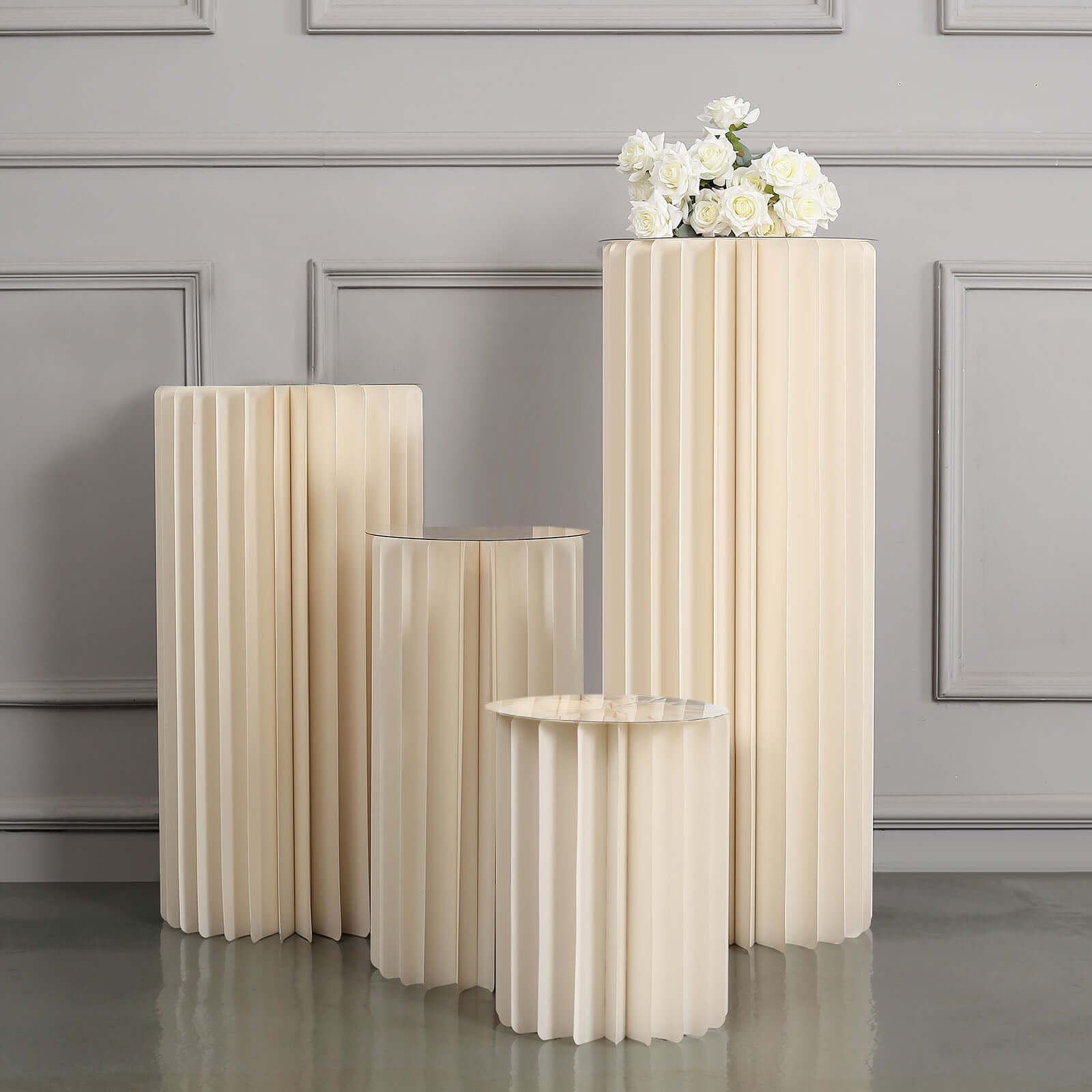 40" Ivory Cylinder Display Column Stand, Pillar Pedestal Stand With Top Plate