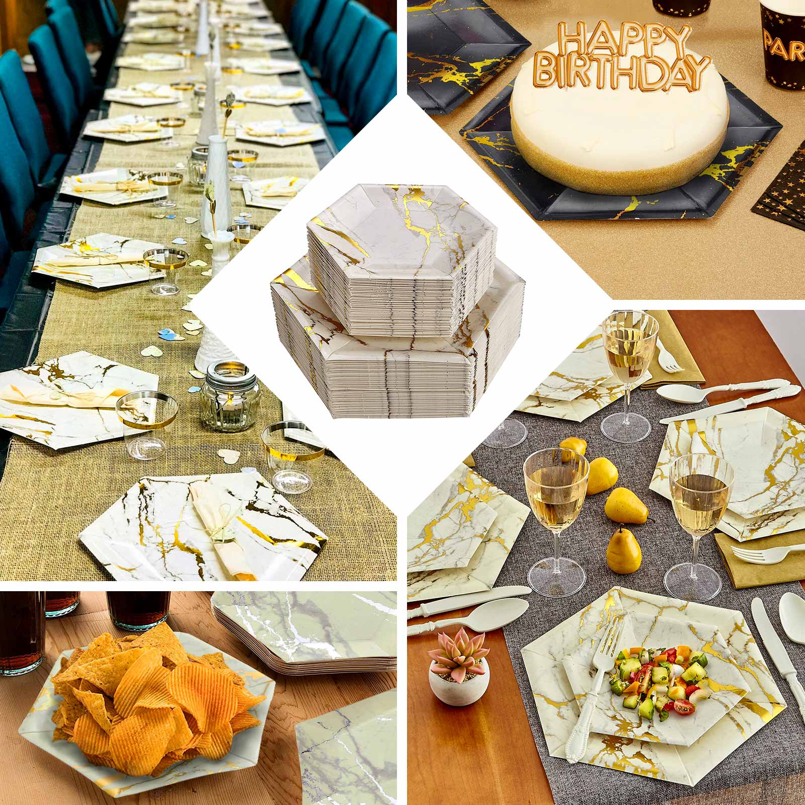 25-Pack Paper 8.5" Hexagon Dessert Plates in Ivory with Silver Marble Design - Disposable Geometric 400GSM Appetizer Salad Plates for Events & Banquets