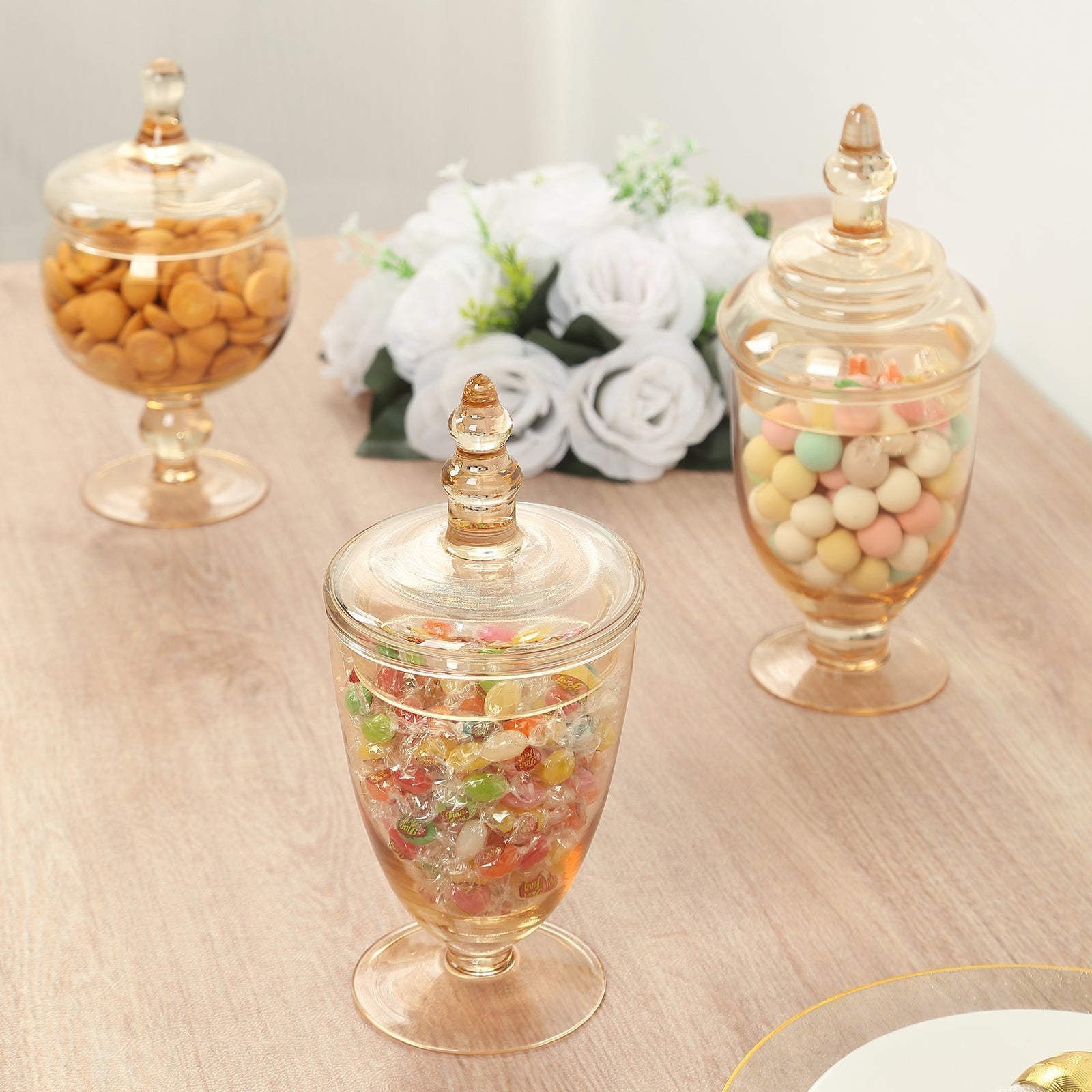 Set of 3 Glass Jars Apothecary Design Amber Gold and Snap-On Lids - Stylish Decorative Candy Buffet Storage 8.5", 9", 10"