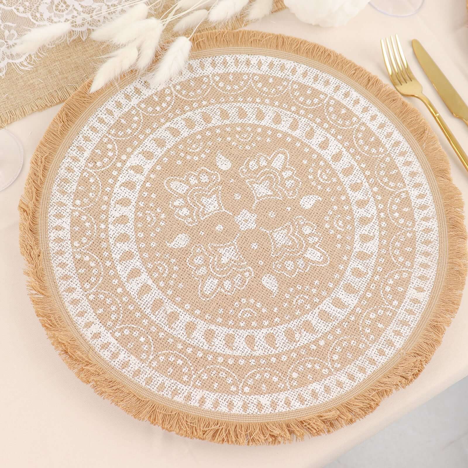 4-Pack Placemats Fringe Print Design Natural Jute and White Round - Rustic Burlap Woven Style 15"