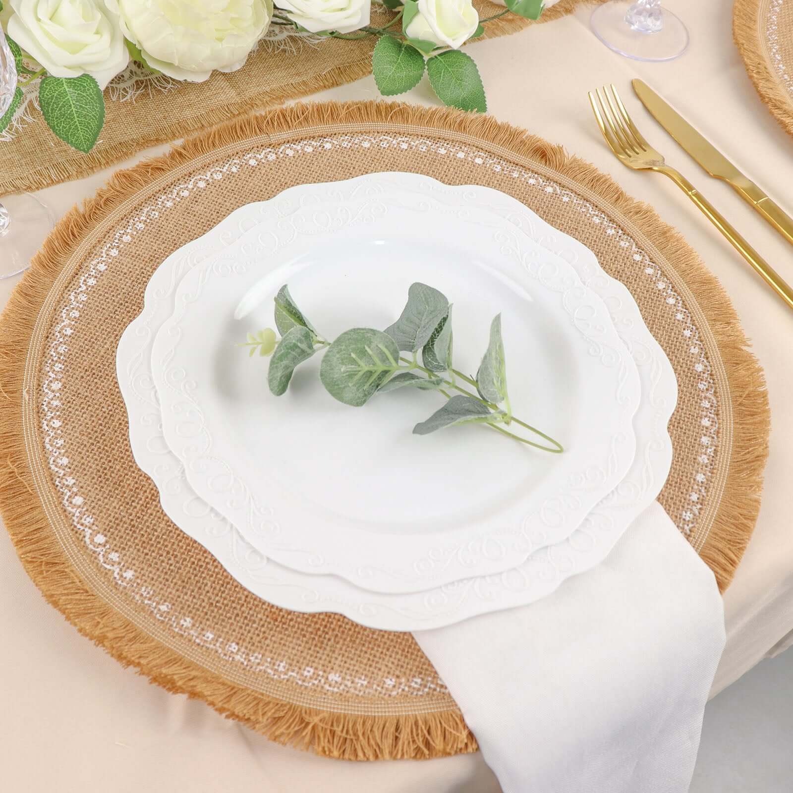 4-Pack Placemats White Embroidery Print Design Natural Jute Fringe Round - Rustic Burlap Woven Style 15"