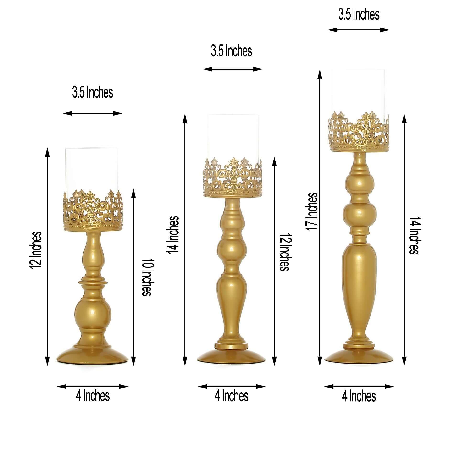 Set of 3 Lace Hurricane Candle Holders Antique Gold with Glass Shades - Chic Pillar Candle Stands 12", 14", 17"