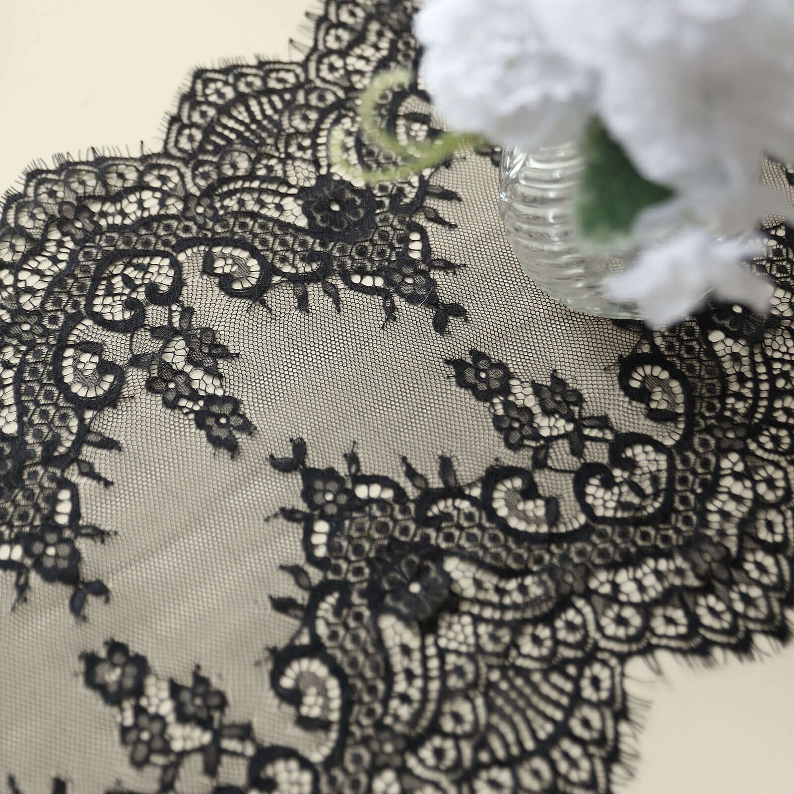 Premium Lace Fabric 15"x117" Table Runner Black - Scalloped Lace Elegance