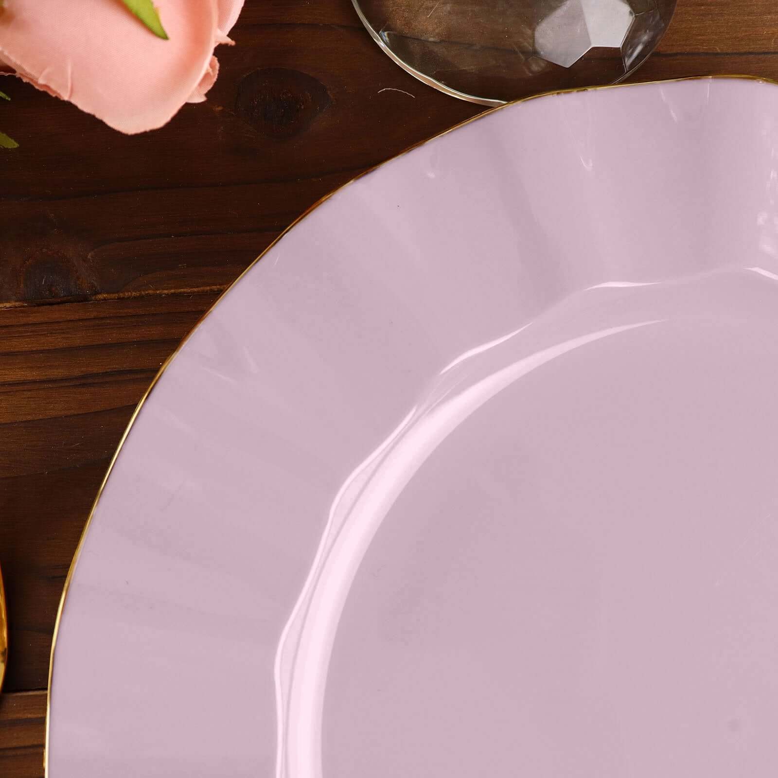 10-Pack Plastic 11" Round Dinner Plates in Lavender Lilac Ruffled Rim with Gold Edging - Sturdy Disposable Dinnerware