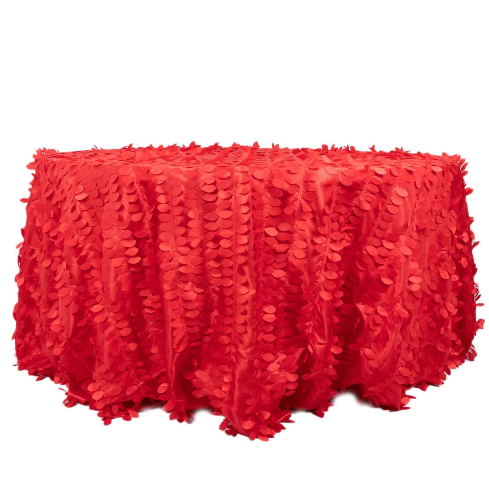 Taffeta 132" Round Tablecloth Red Leaf | 3D Leaf Petal Design Seamless Table Cover