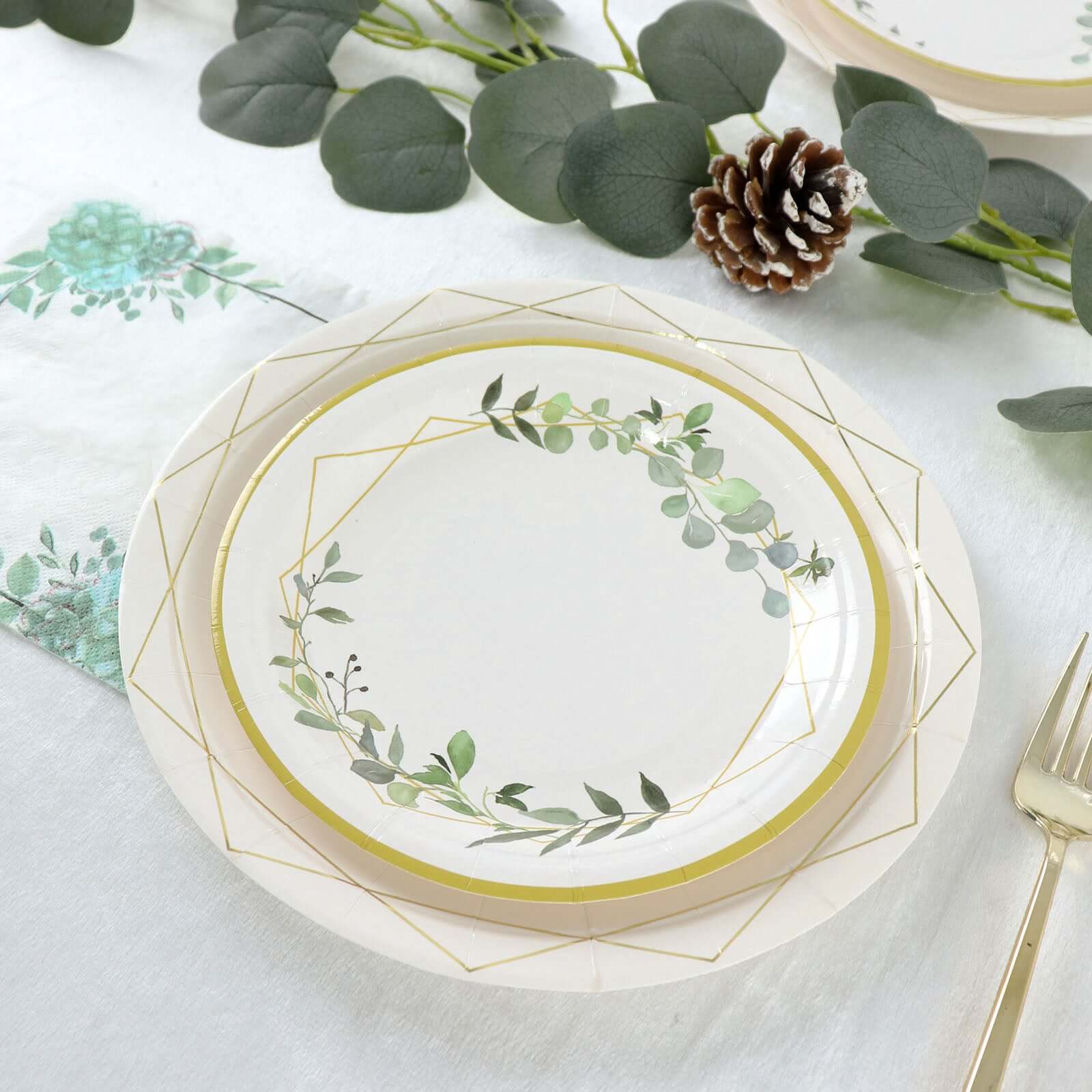 24-Pack Paper 7" Round Dessert Plates in White with Eucalyptus Leaves & Gold Rim - Disposable 300GSM Salad Plates for Garden Weddings & Celebrations