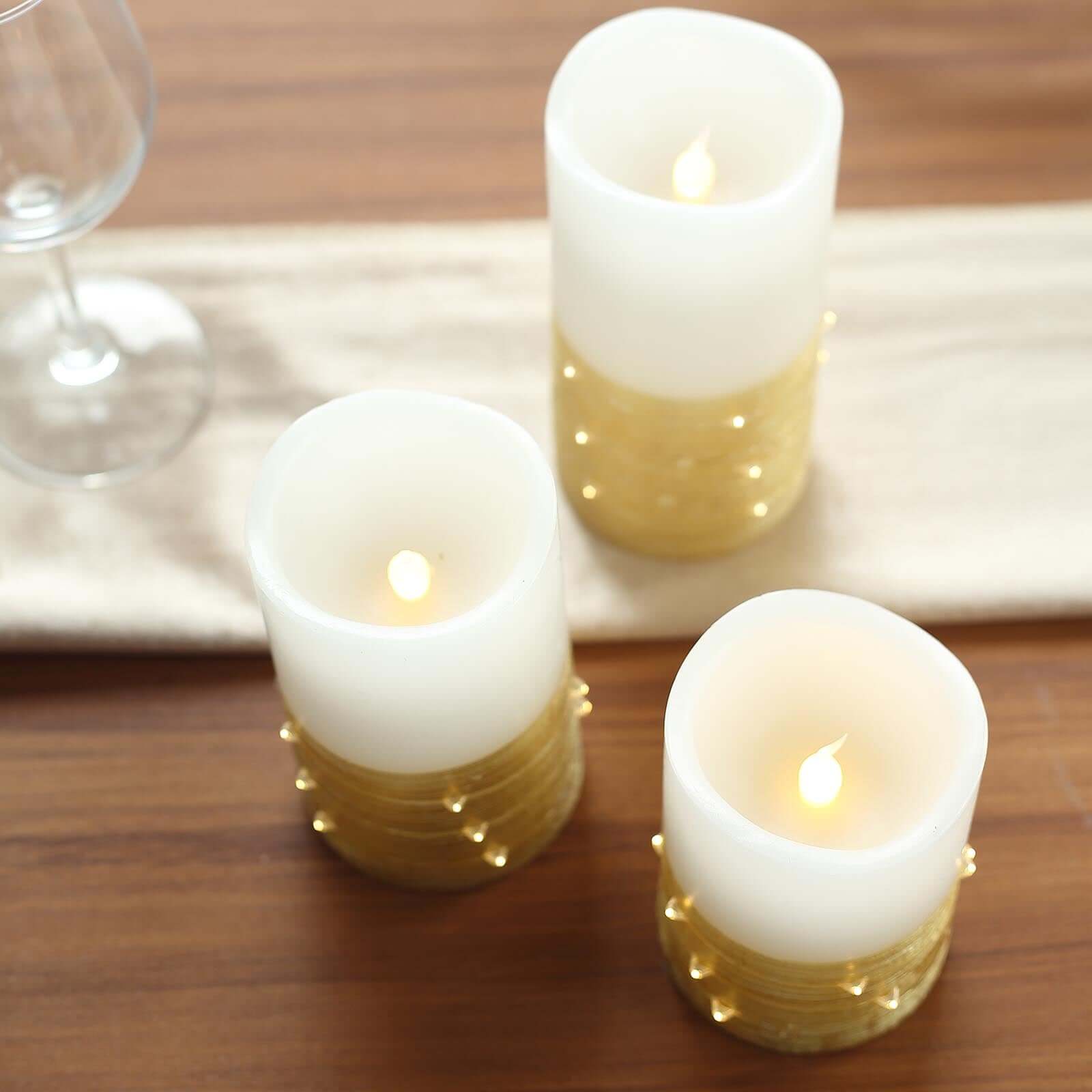 Set of 3 LED Flameless Pillar Candles Wrapped with Fairy String Lights Gold - Remote Operated 4", 5", 6"