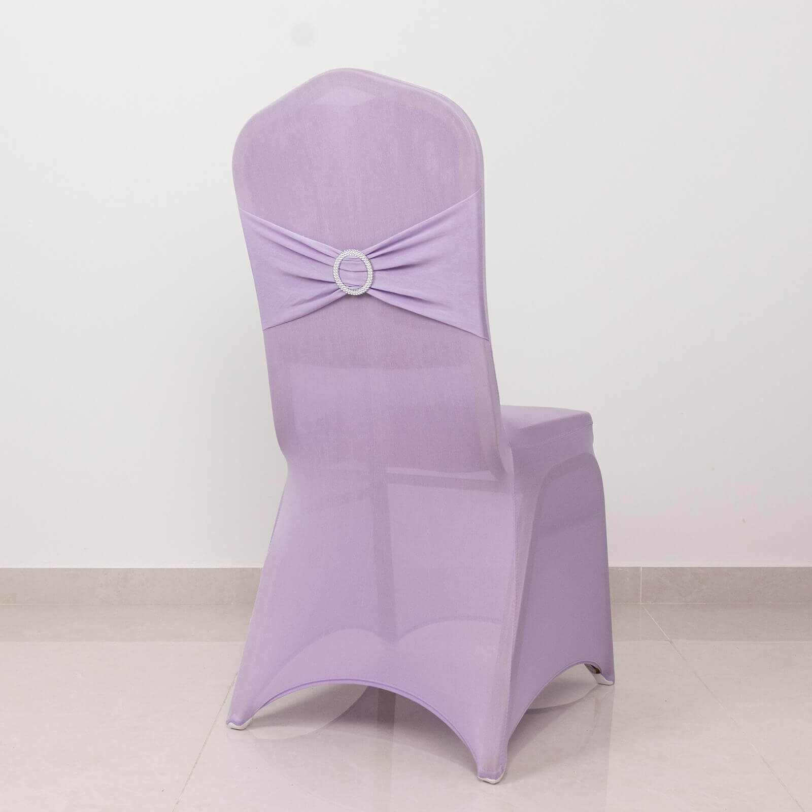 Spandex Chair Cover with Lavender Lilac Rhinestone Buckled Sash Band Blush - Stretch Fitted Slipcover