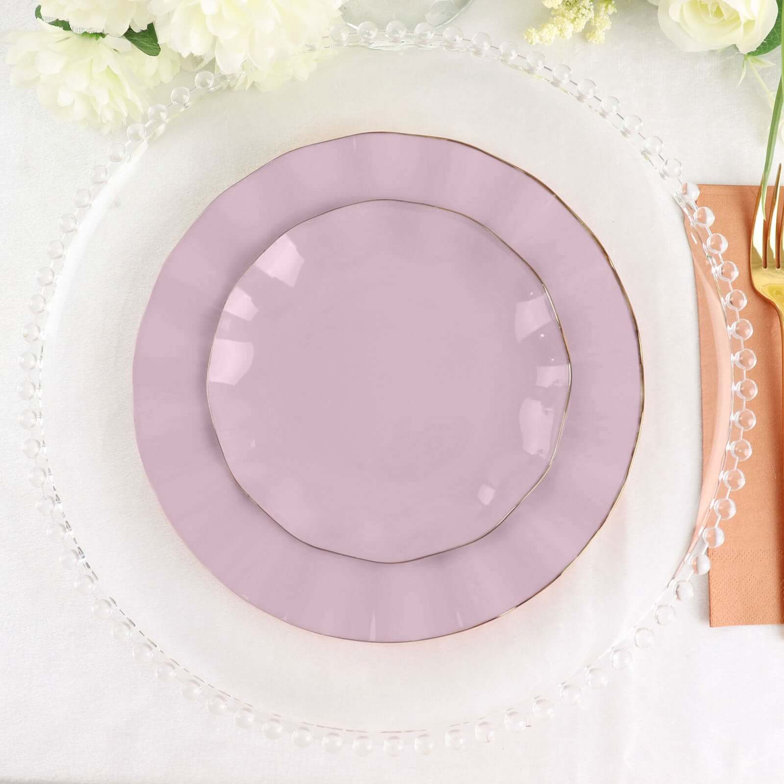10-Pack Plastic Round 6" Dessert Plates in Lavender Lilac Ruffled Rim with Gold Edging - Sturdy Disposable Salad Appetizer Dinnerware
