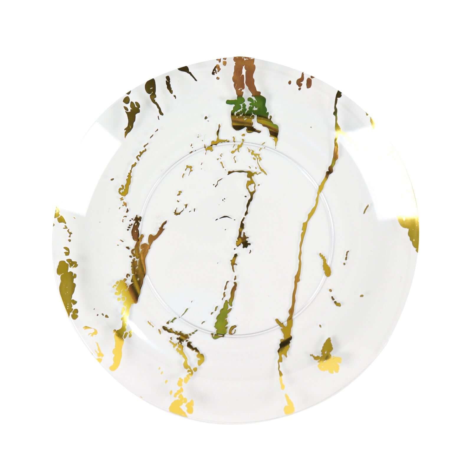 10-Pack Plastic 8" Round Dessert Plates in Clear with Gold Marble Print - Disposable Appetizer/Salad Plates for Chic Banquets & Special Occasions