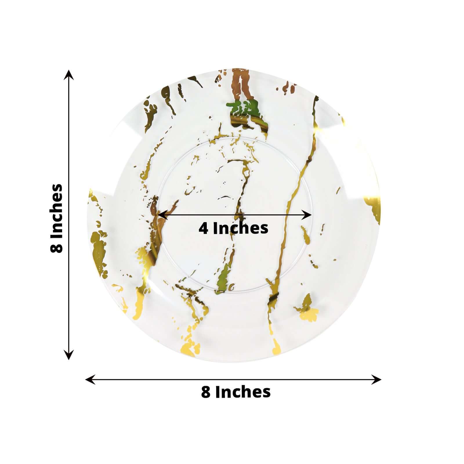 10-Pack Plastic 8" Round Dessert Plates in Clear with Gold Marble Print - Disposable Appetizer/Salad Plates for Chic Banquets & Special Occasions