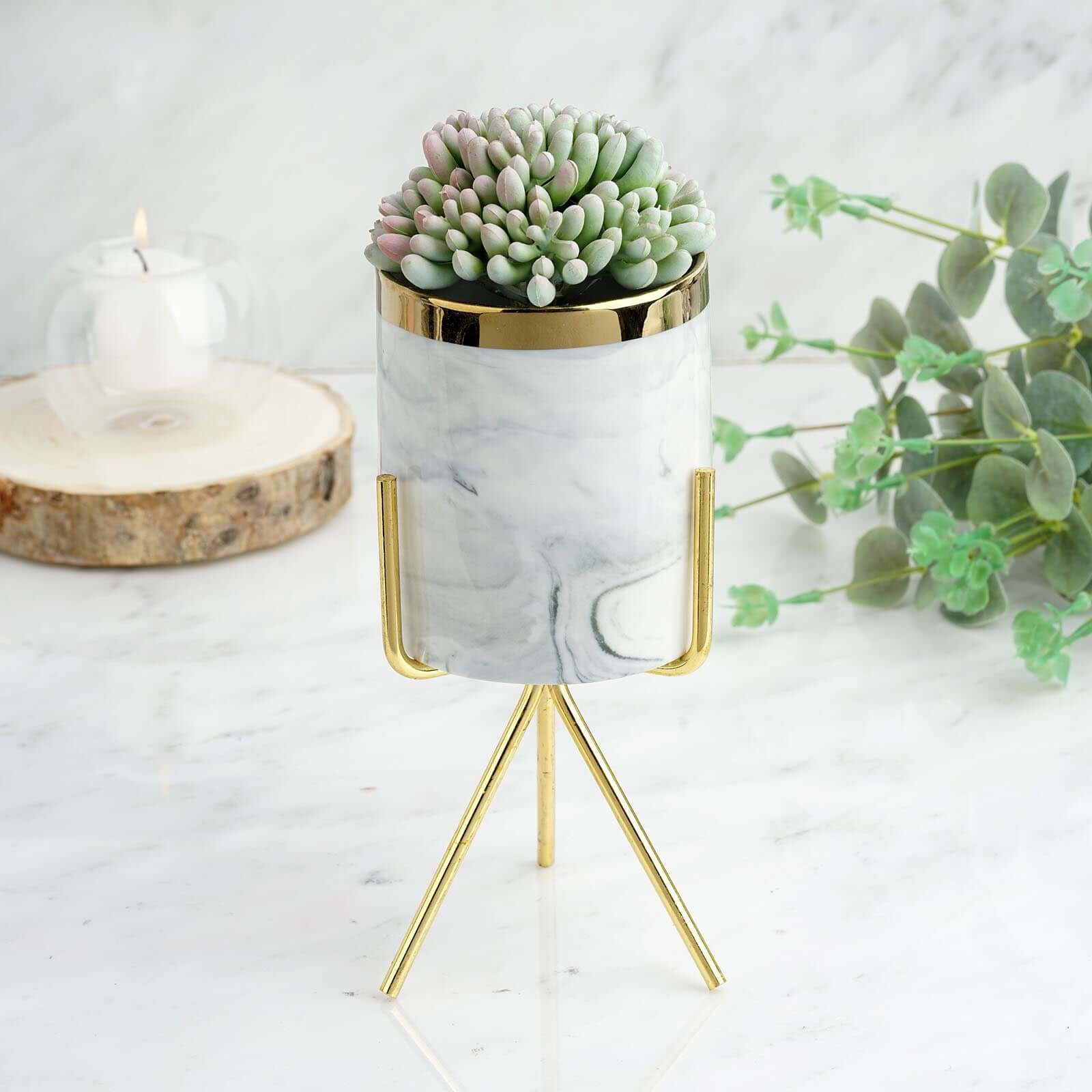 8" Gold Rimmed Marble Ceramic Vase Planter Pot With Gold Metal Stand