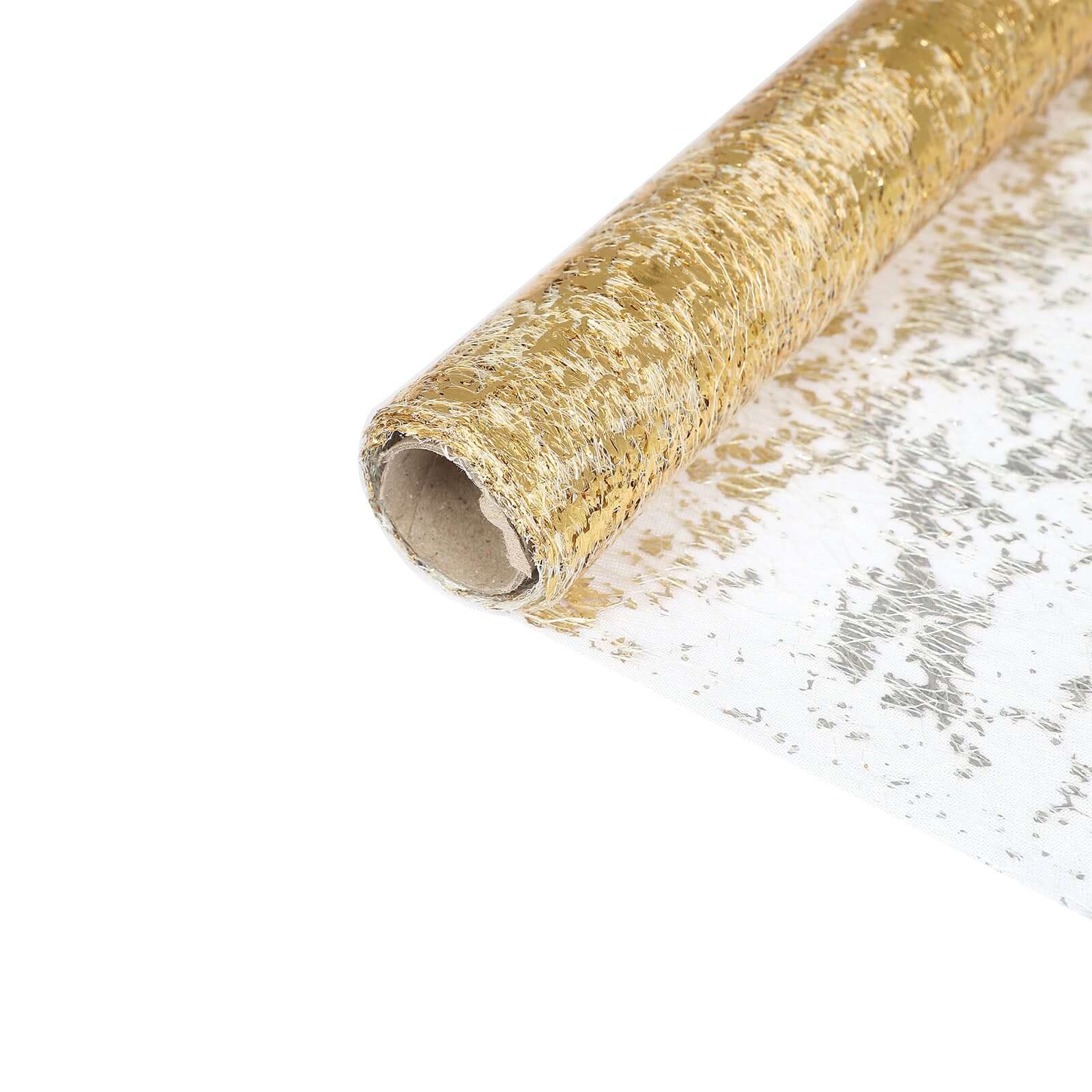 Mesh Polyester 108" Table Runner Roll Metallic Gold Distressed Foil Printing Design - Disposable Stylish Party Table Decor