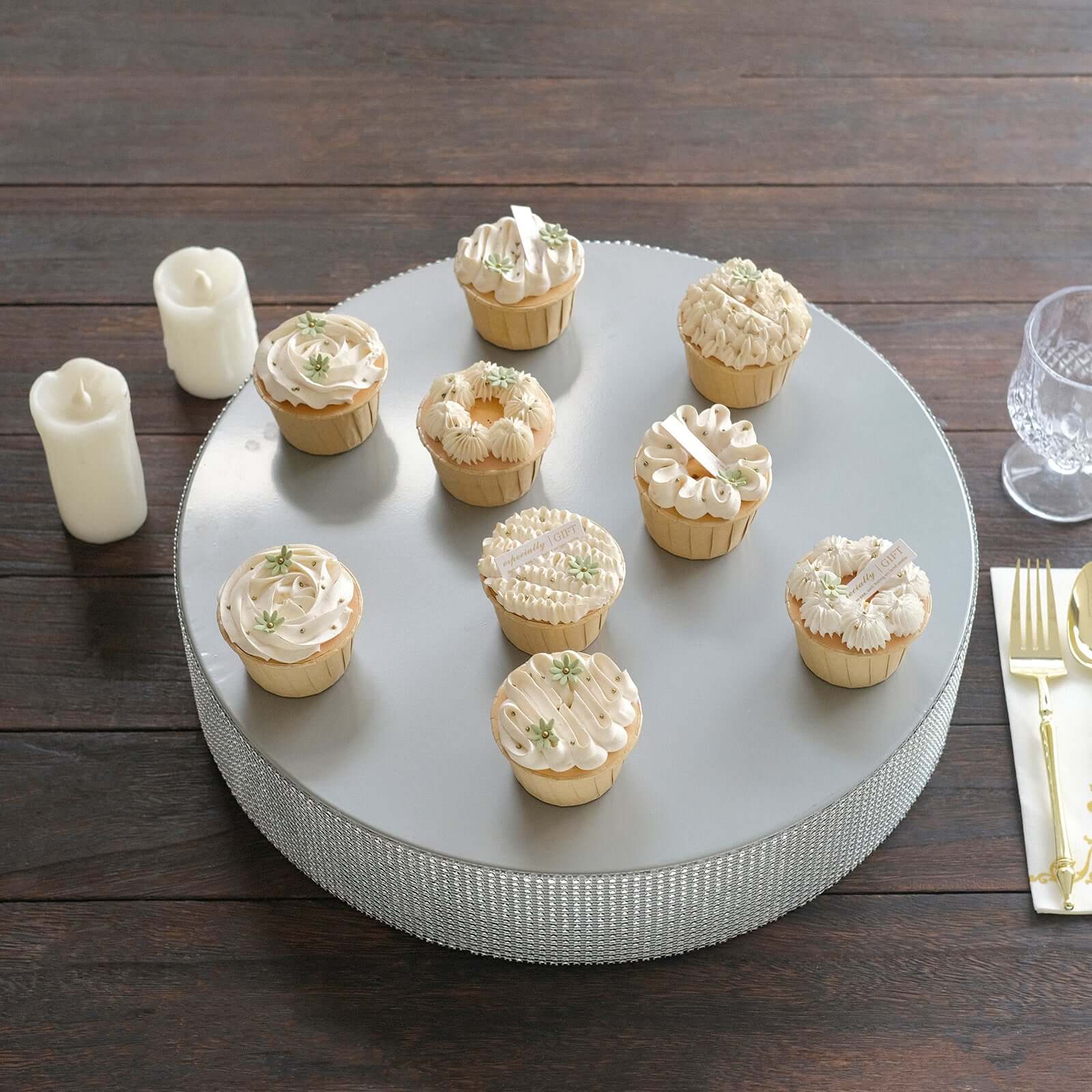 Metal Pedestal Cake Stand Round Design with Rhinestones Silver - Cupcake Holder and Dessert Table Centerpiece 16"