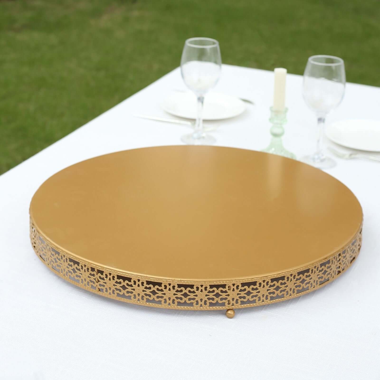 Metal Pedestal Cake Stand Fleur De Lis Round Design Gold - Cupcake Dessert Display Table Centerpiece 20"