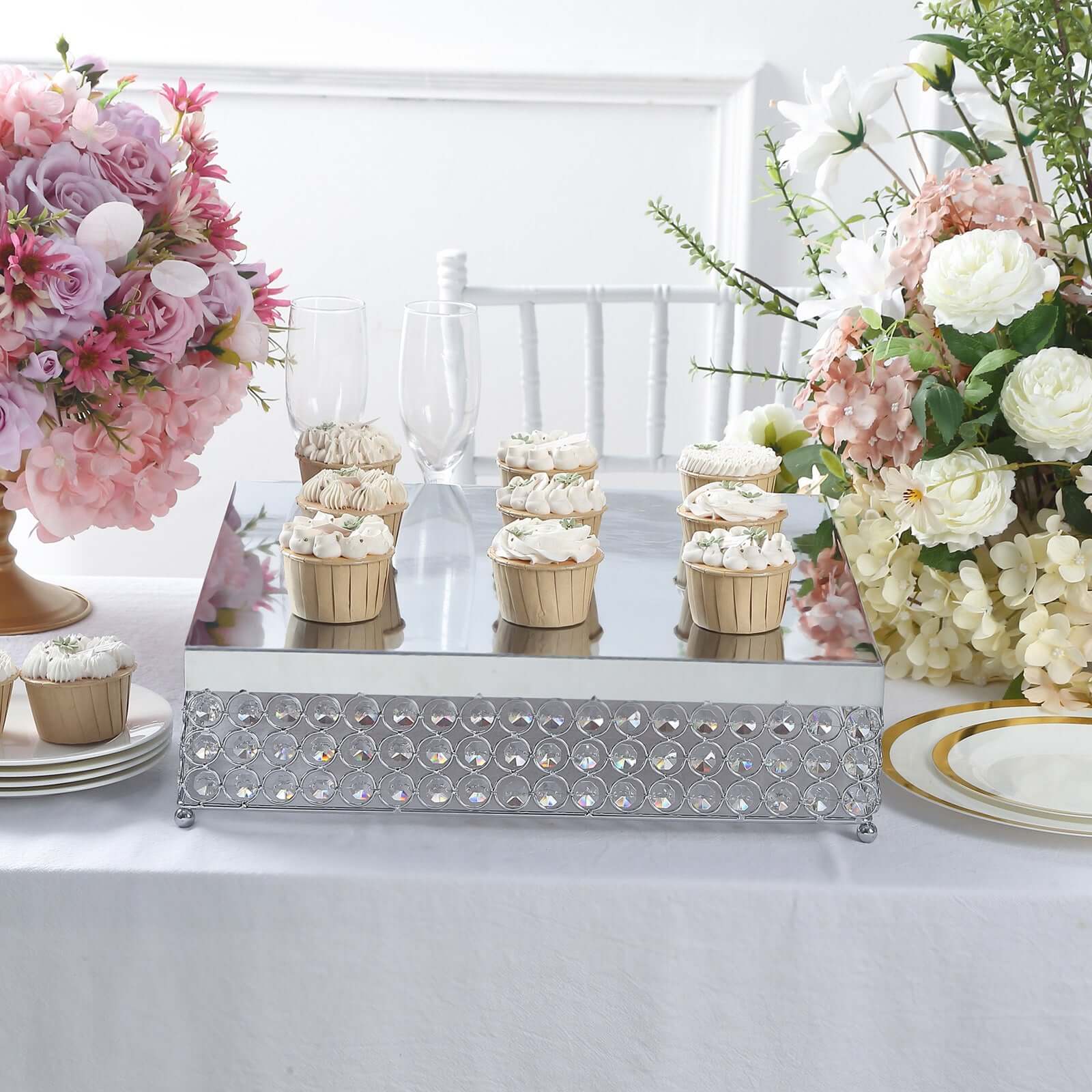 Metal Cake Stand Square Design with Crystal Beads Silver - Dessert Pedestal for Events 16"
