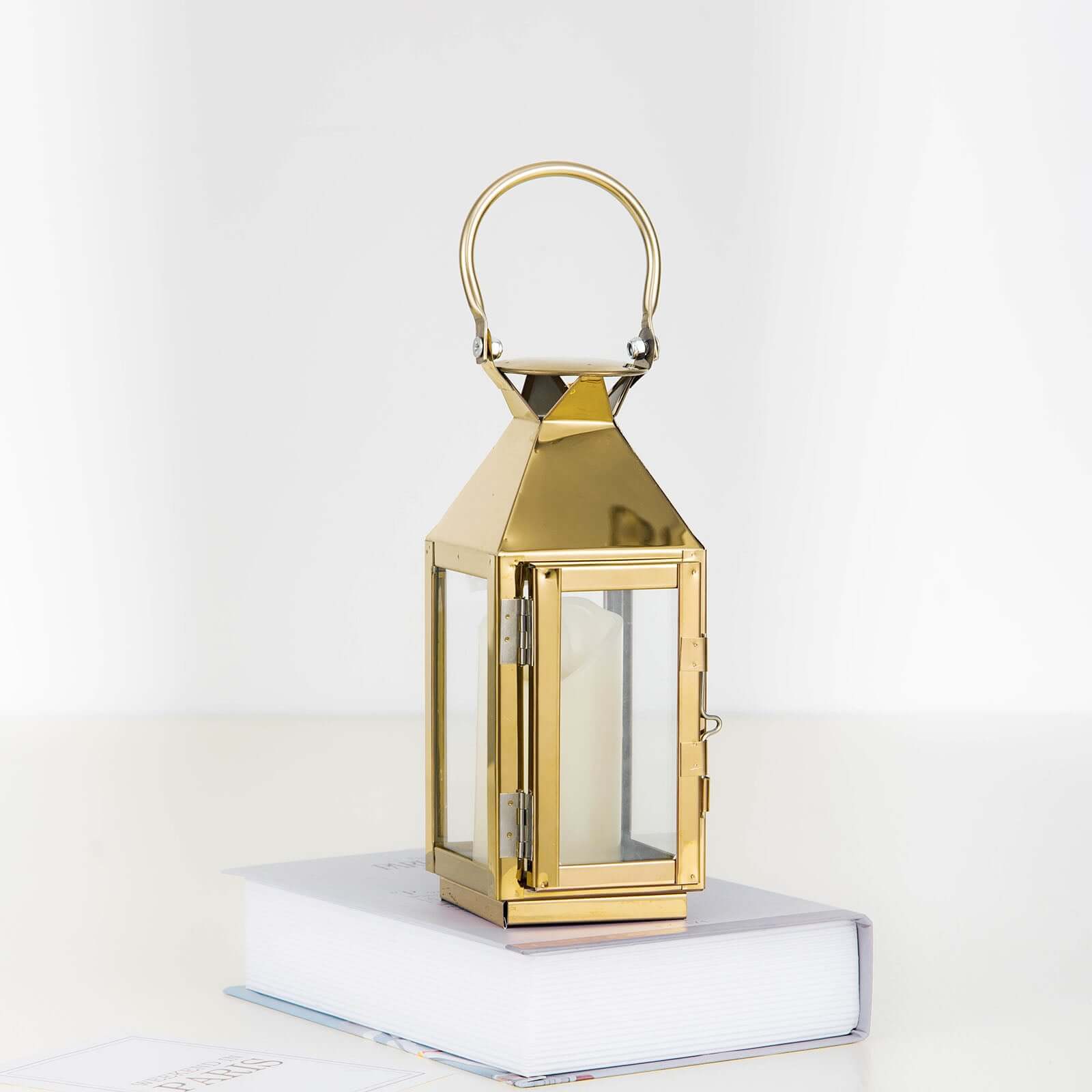 Stainless Steel Candle Lantern Crown Top Design Gold - Outdoor Metal Patio Lantern Centerpiece 8"