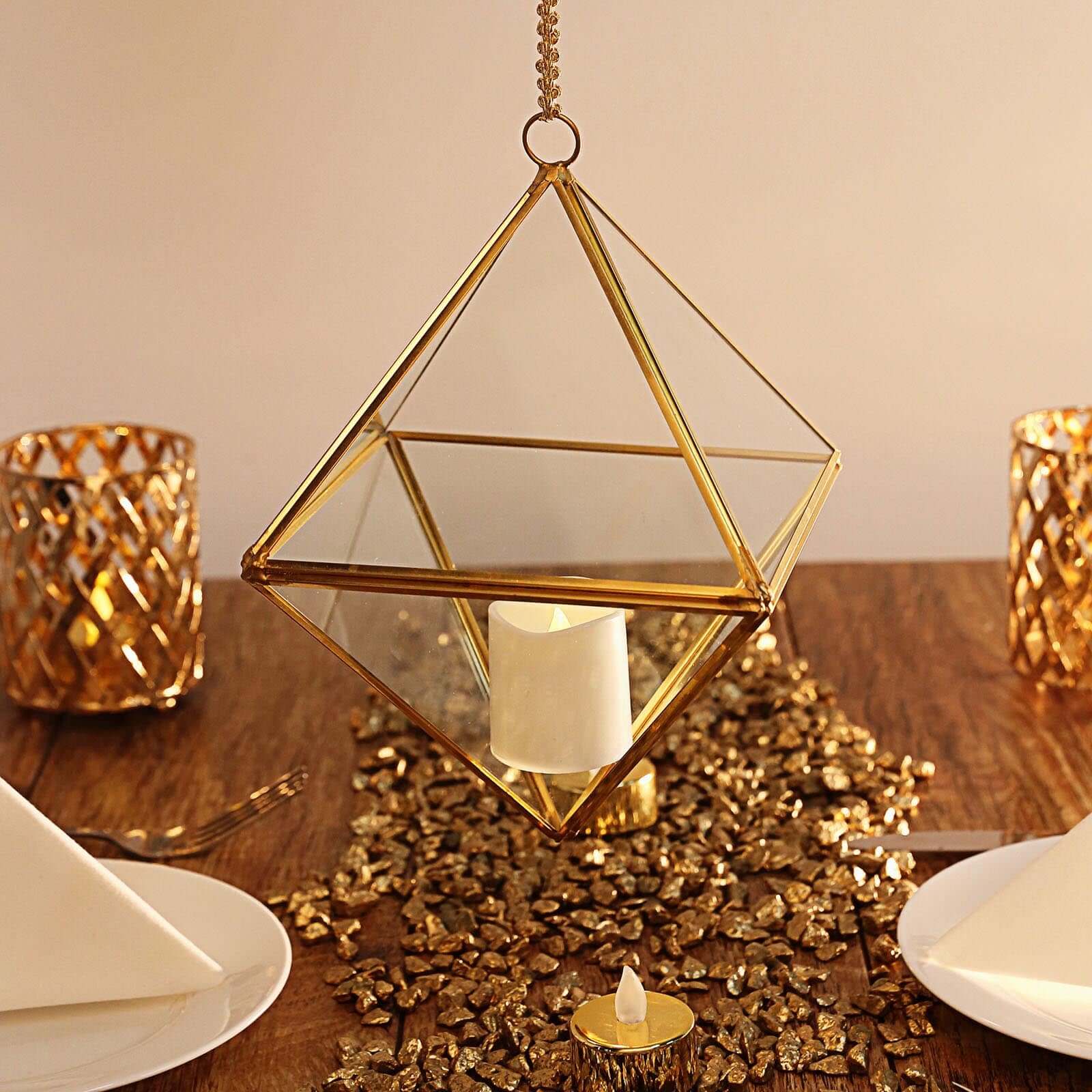 Glass Terrarium Hanging Diamond Prism Design Metal Gold - Geometric Holder for Air Plants & Displays 9"