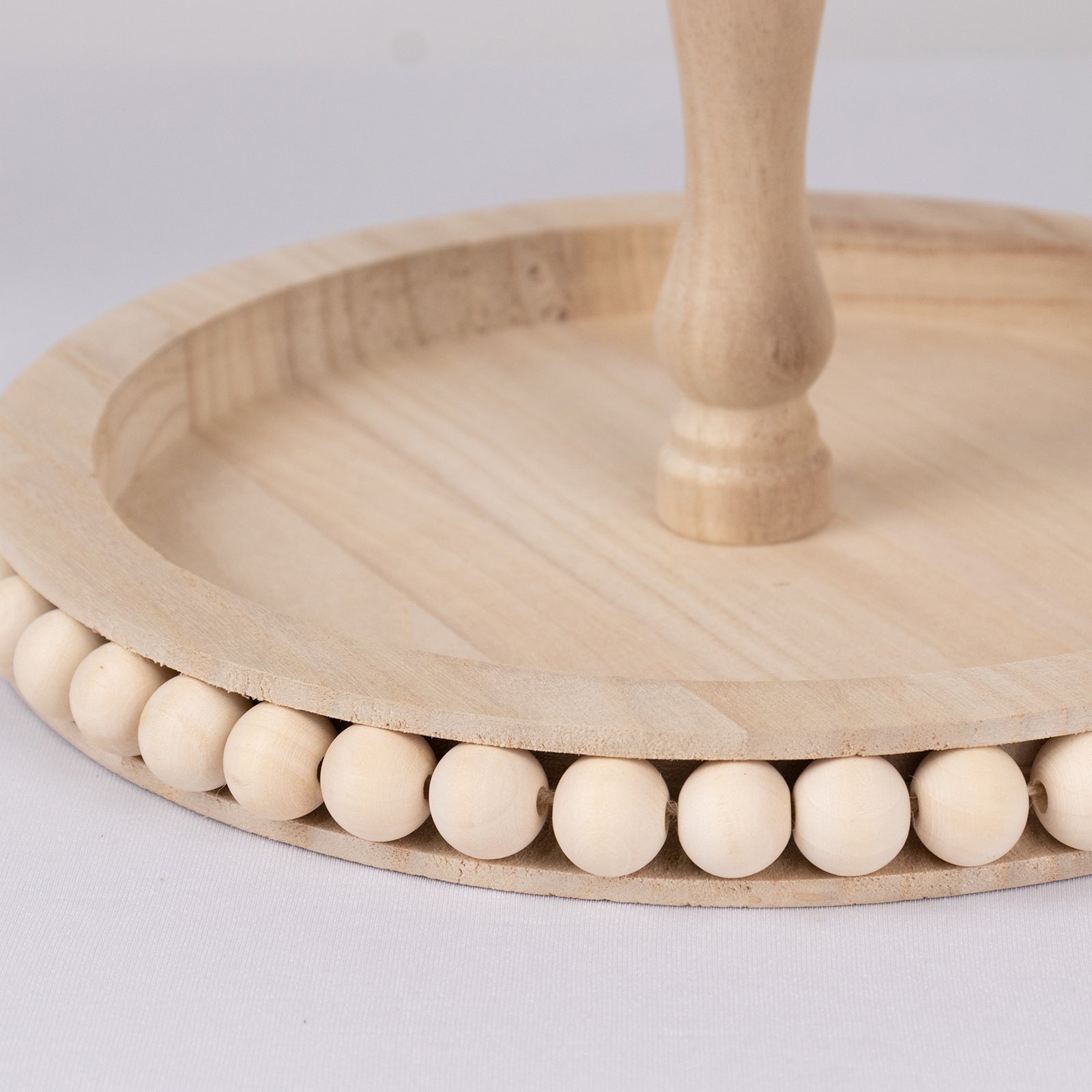 2-Tier Wooden Serving Tray Stand Beaded Design with Metal Handle Natural - Round Rustic Farmhouse Cupcake Display 17"