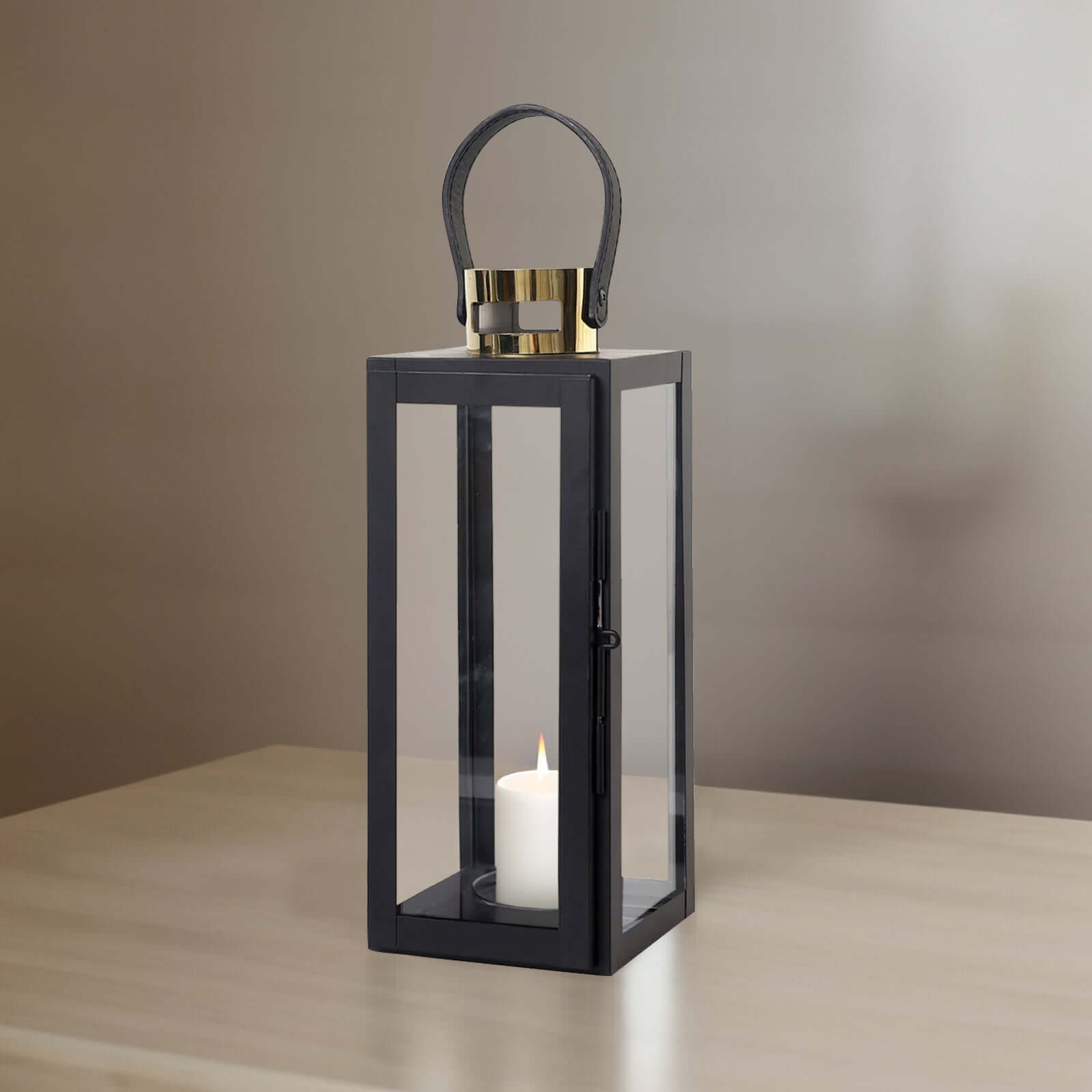 14" Black and Gold Top Stainless Steel Candle Lantern Centerpiece Outdoor Metal Patio Lantern