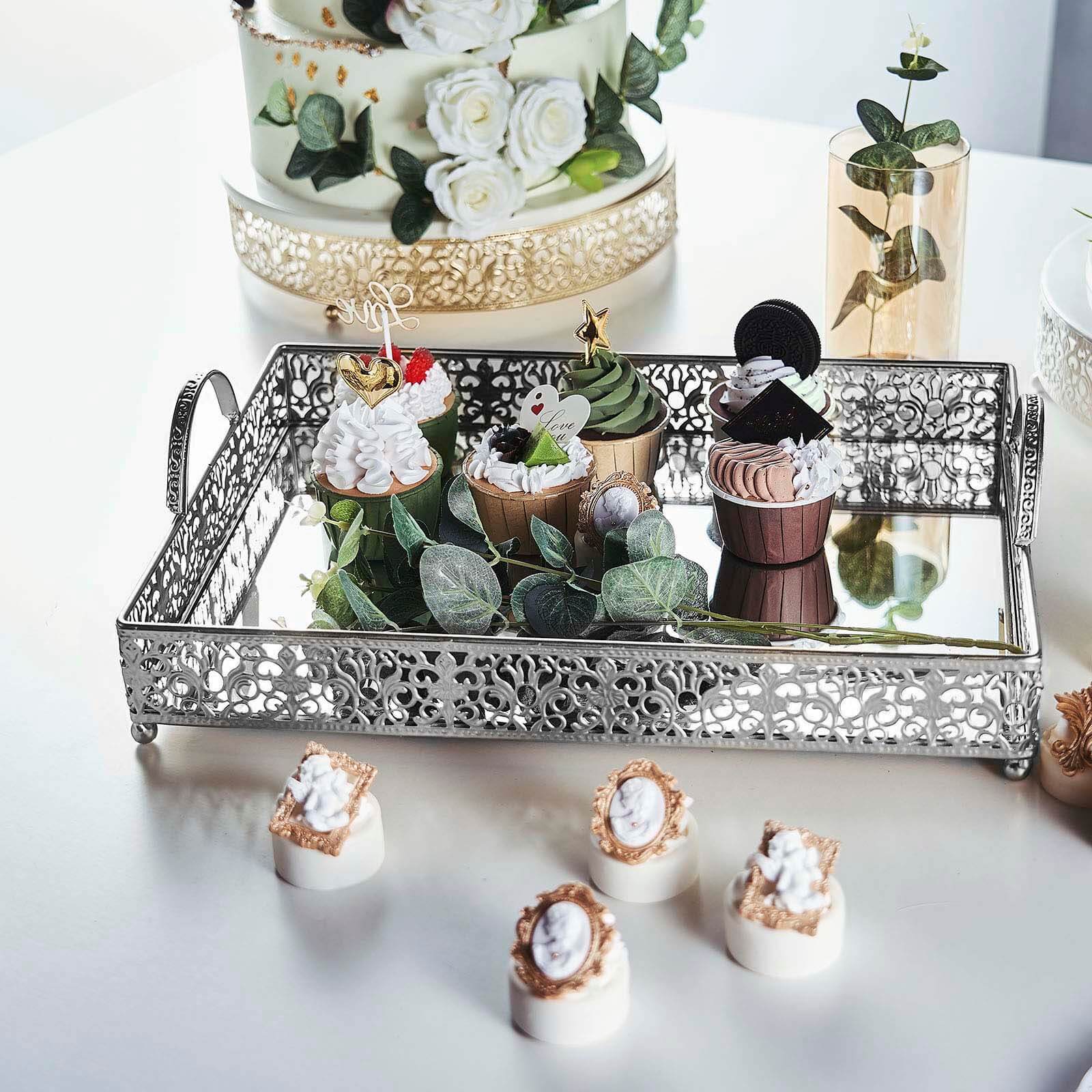 Metal Mirrored Rectangle Serving Tray 16"x12" in Silver Fleur De Lis Design with Handles, French Inspired Decorative Vanity Tray Centerpiece