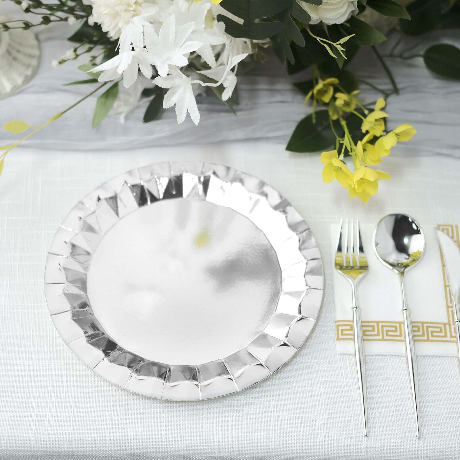25-Pack Paper 9" Round Dinner Plates in Metallic Silver with Geometric Prism Rim - Disposable 400GSM Party Plates