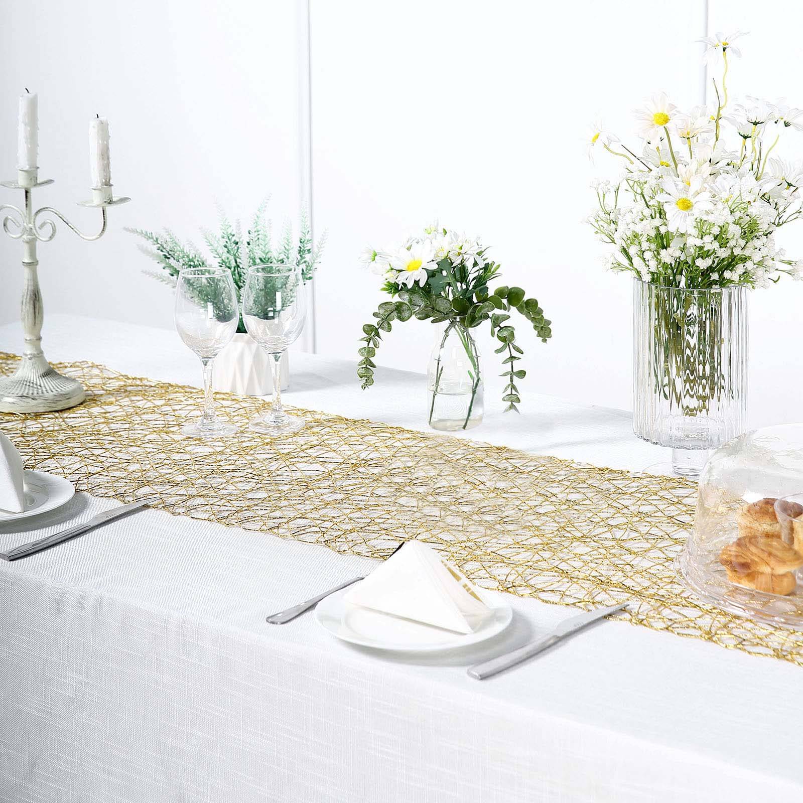 16"x72" Gold Wire Nest Table Runner, Metallic String Woven Runner