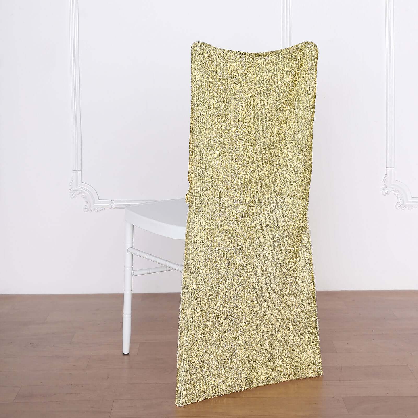 Stretch Spandex Chair Back Slipcover with Metallic Shimmer Tinsel Champagne - Durable Chiavari Chair Back Cover
