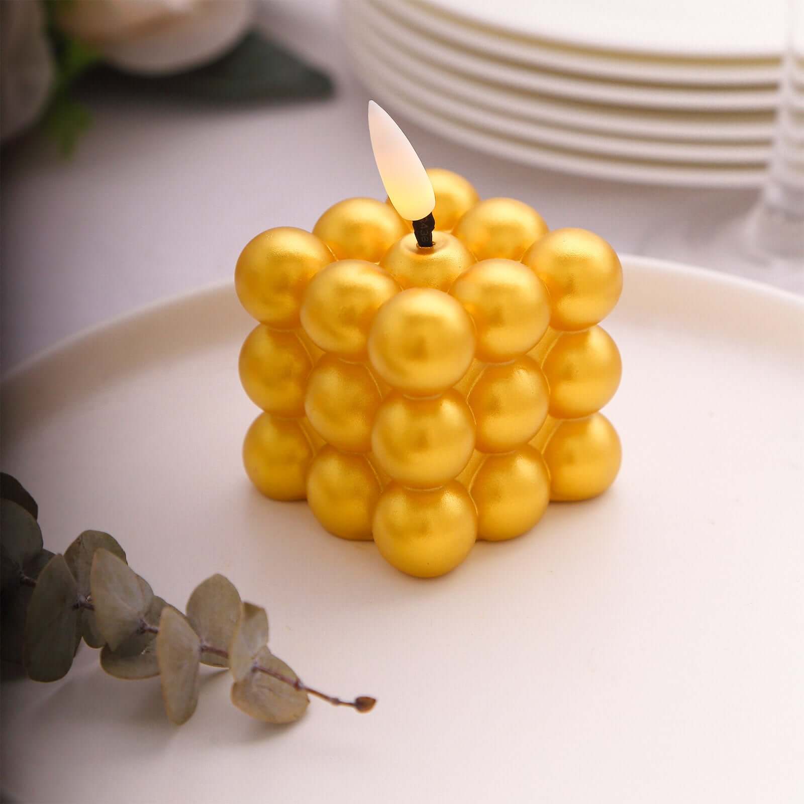 2-Pack LED Flameless Cube Candles Mini Bubble Metallic Gold - Battery Operated 2"
